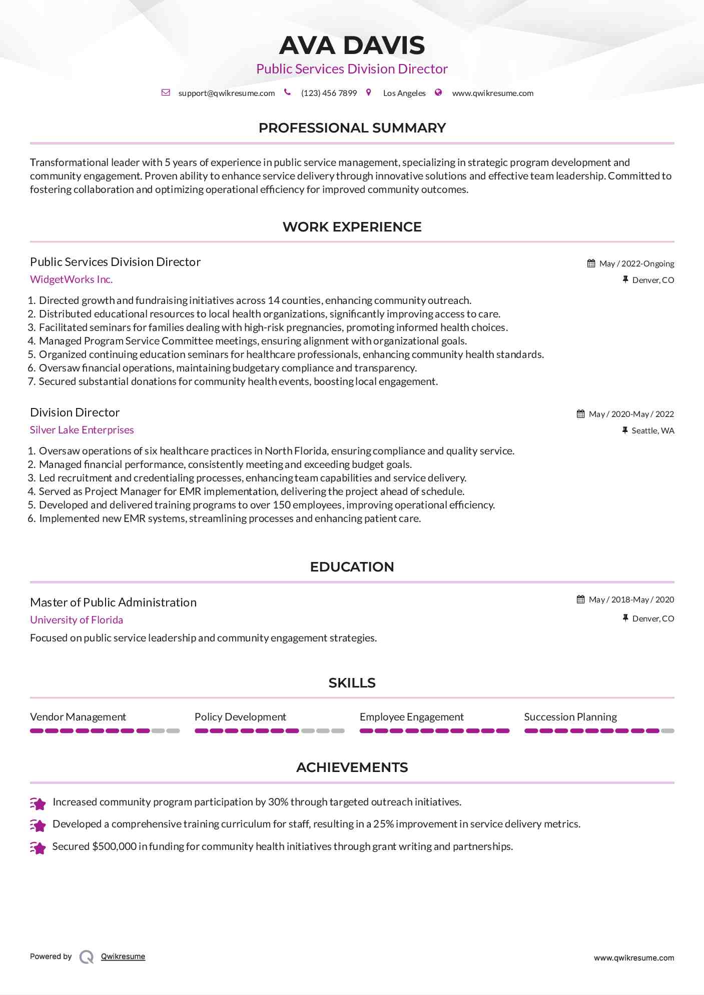 Public Services Division Director Resume Model