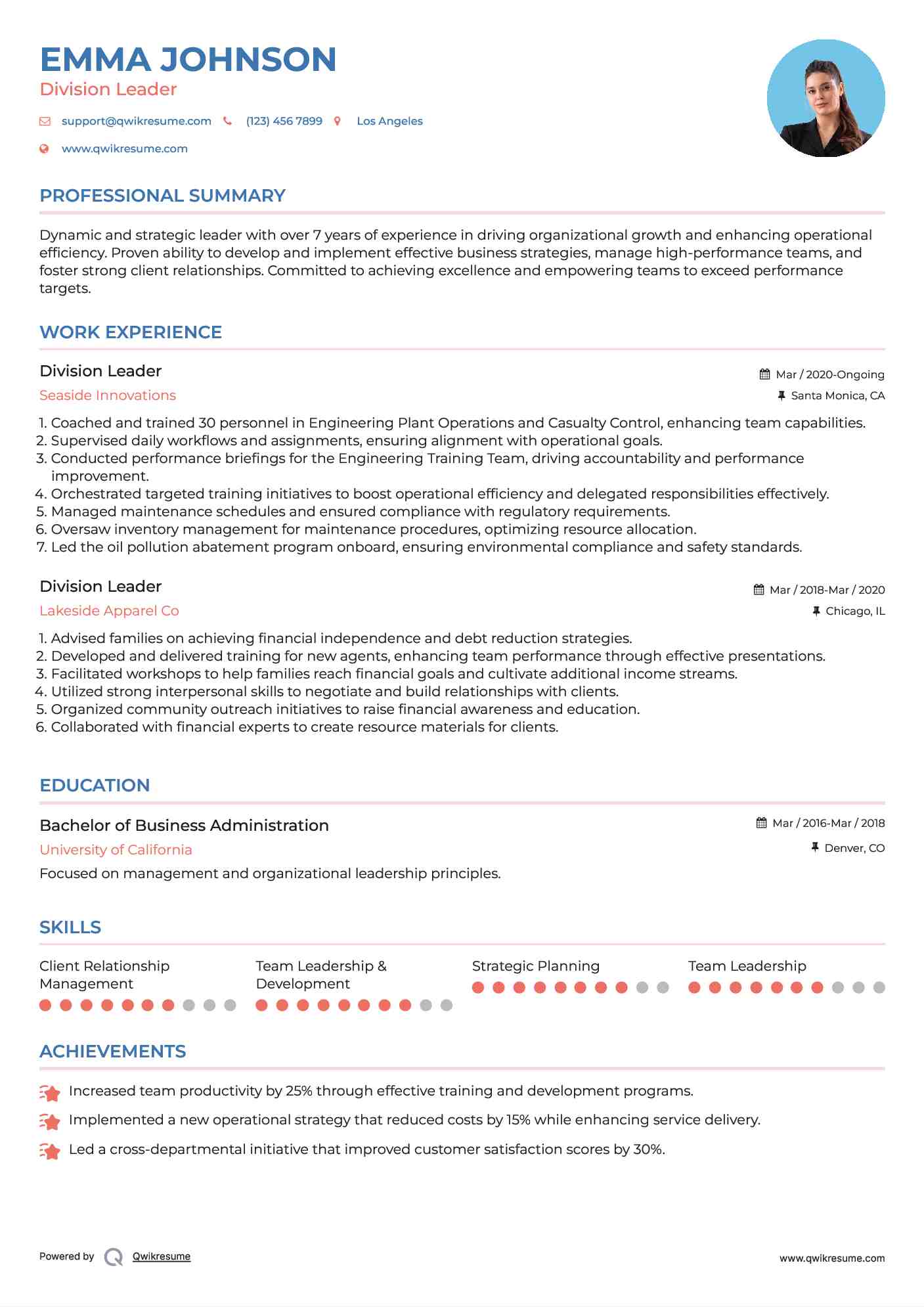 Division Leader Resume Format