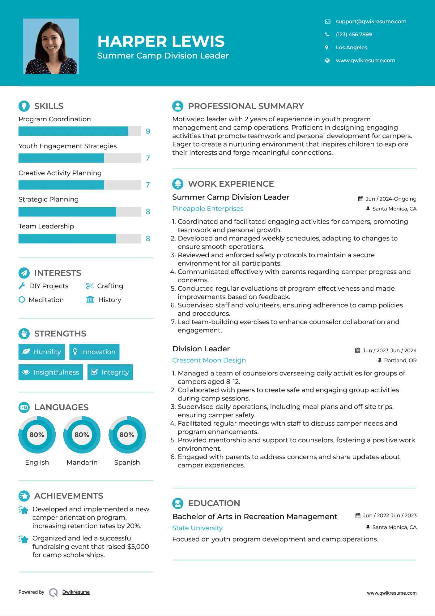 Summer Camp Division Leader
 Resume Template