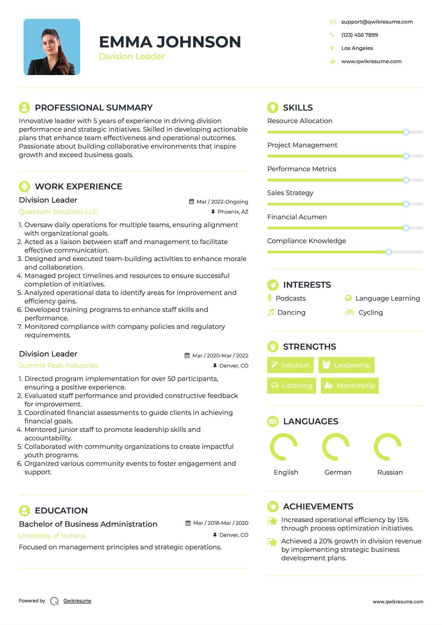 Division Leader Resume Format
