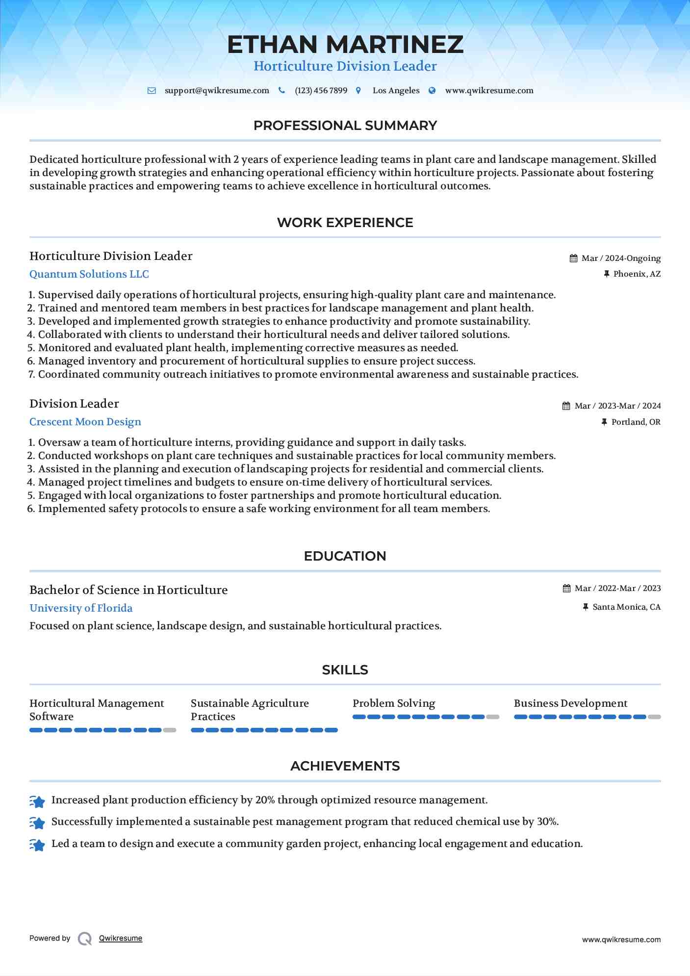 Horticulture Division Leader
 Resume Format