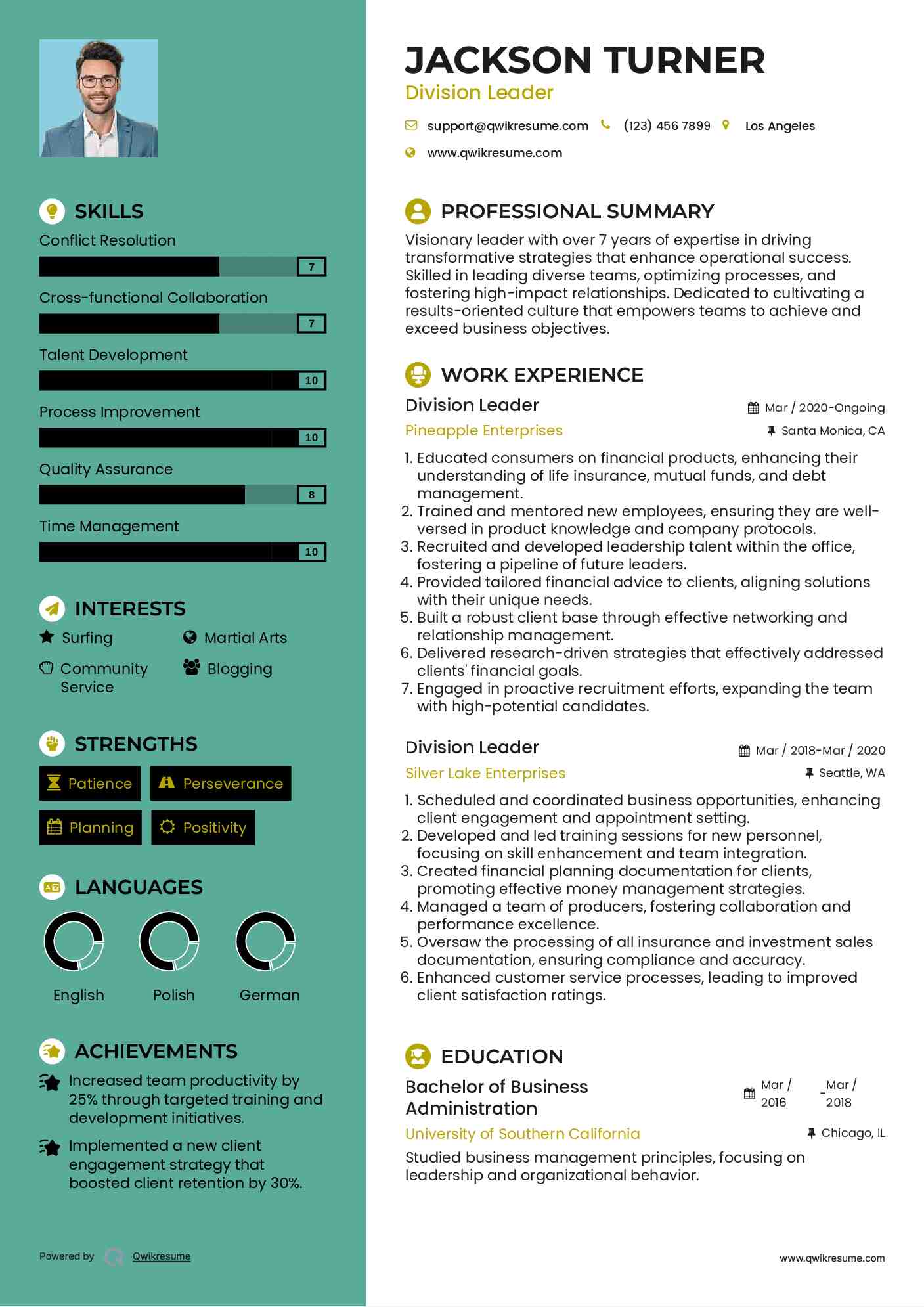 Division Leader Resume Sample