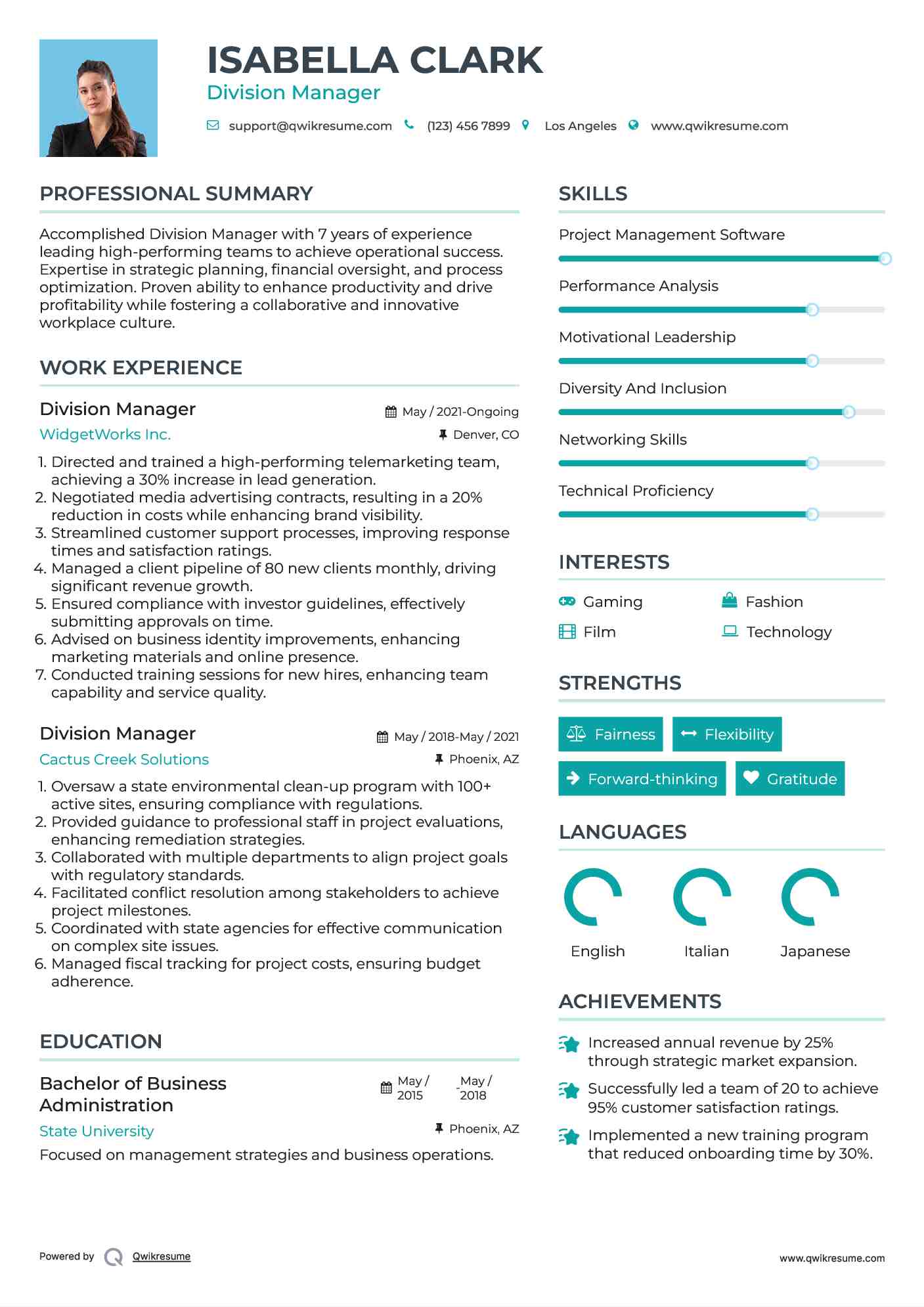 Division Manager Resume Template