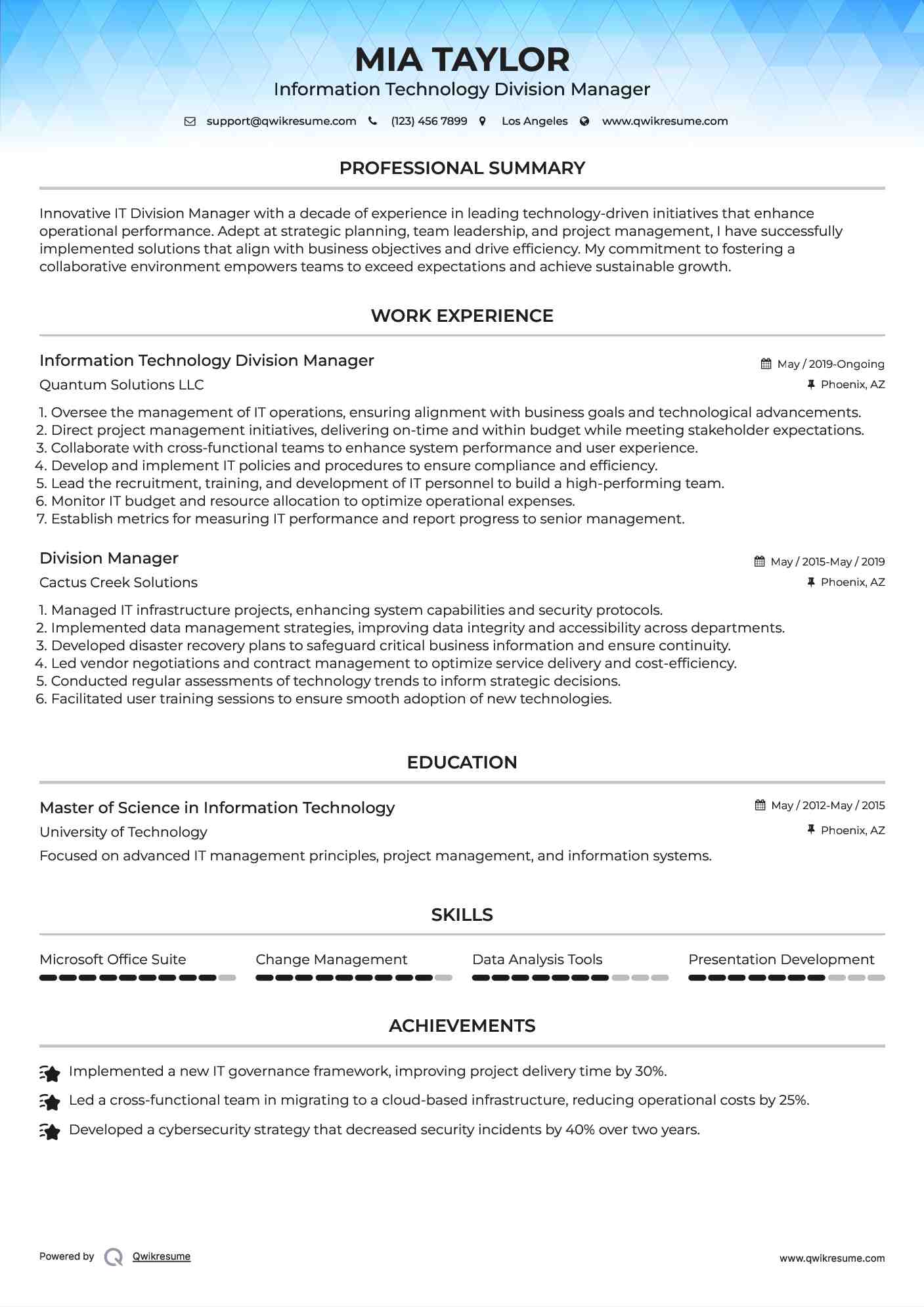 Information Technology Division Manager Resume Sample