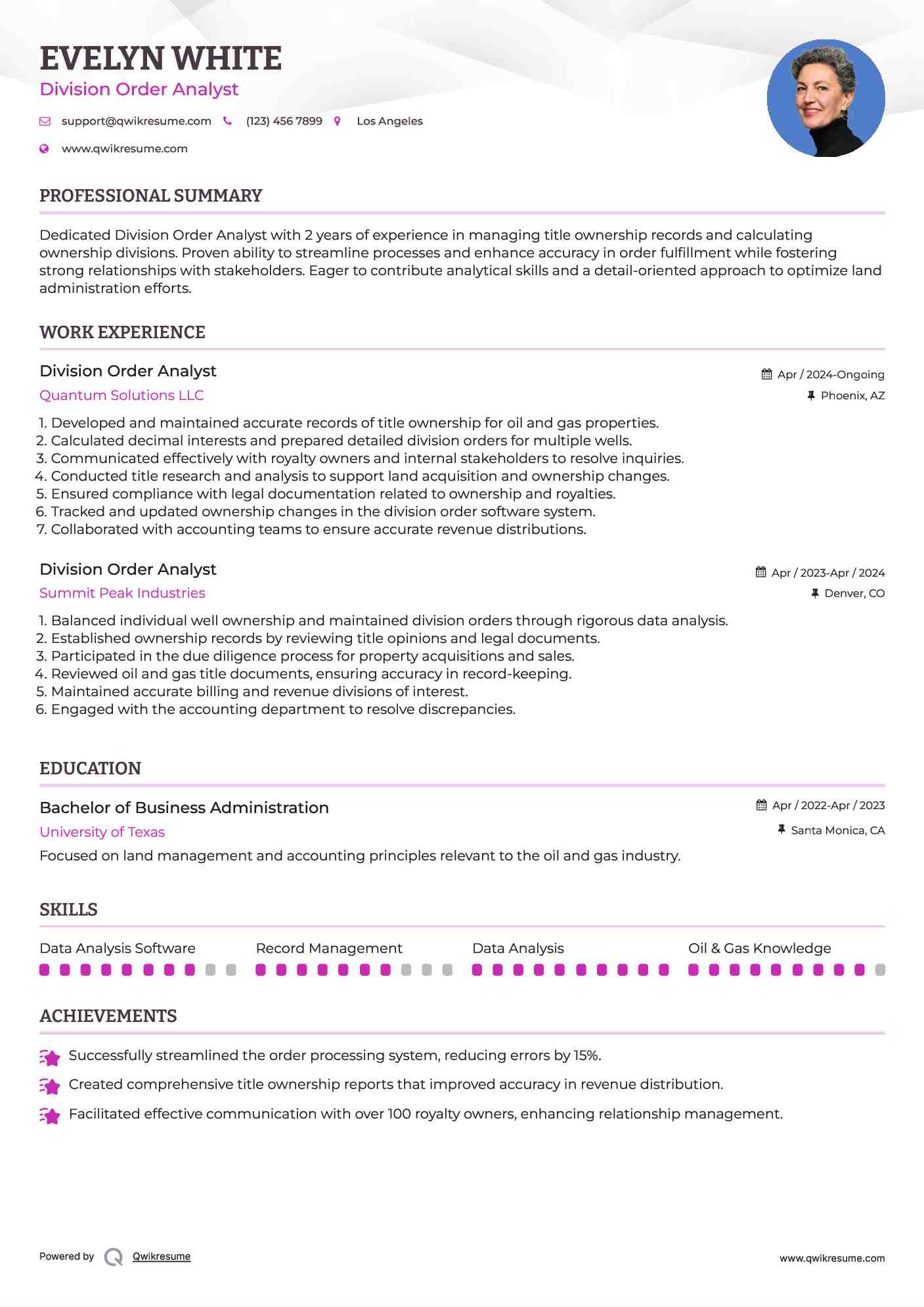 Division Order Analyst Resume Format