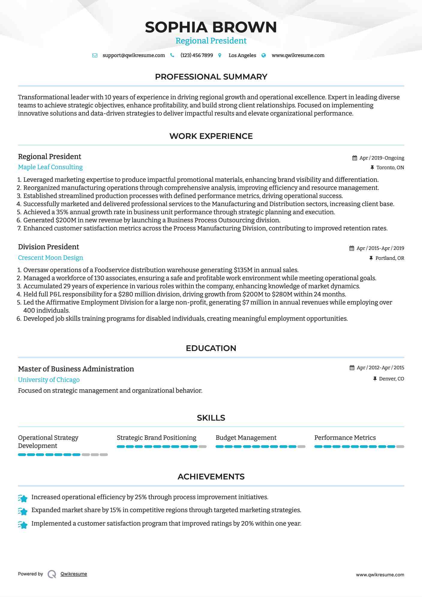 Regional President Resume Model