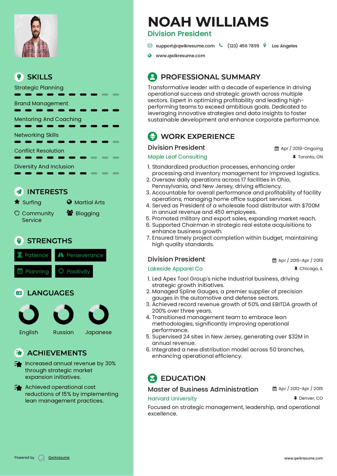 Division President Resume Model