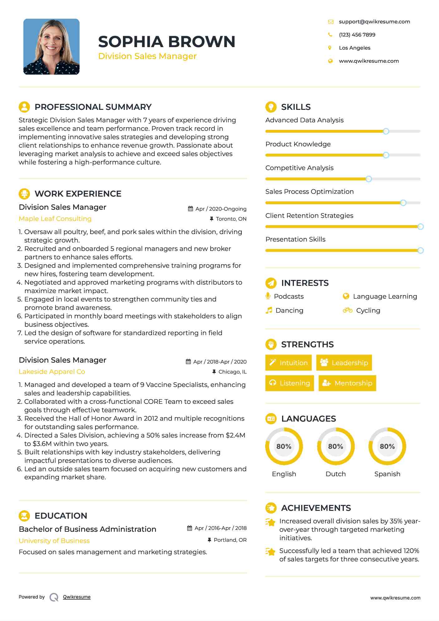 Division Sales Manager Resume Sample