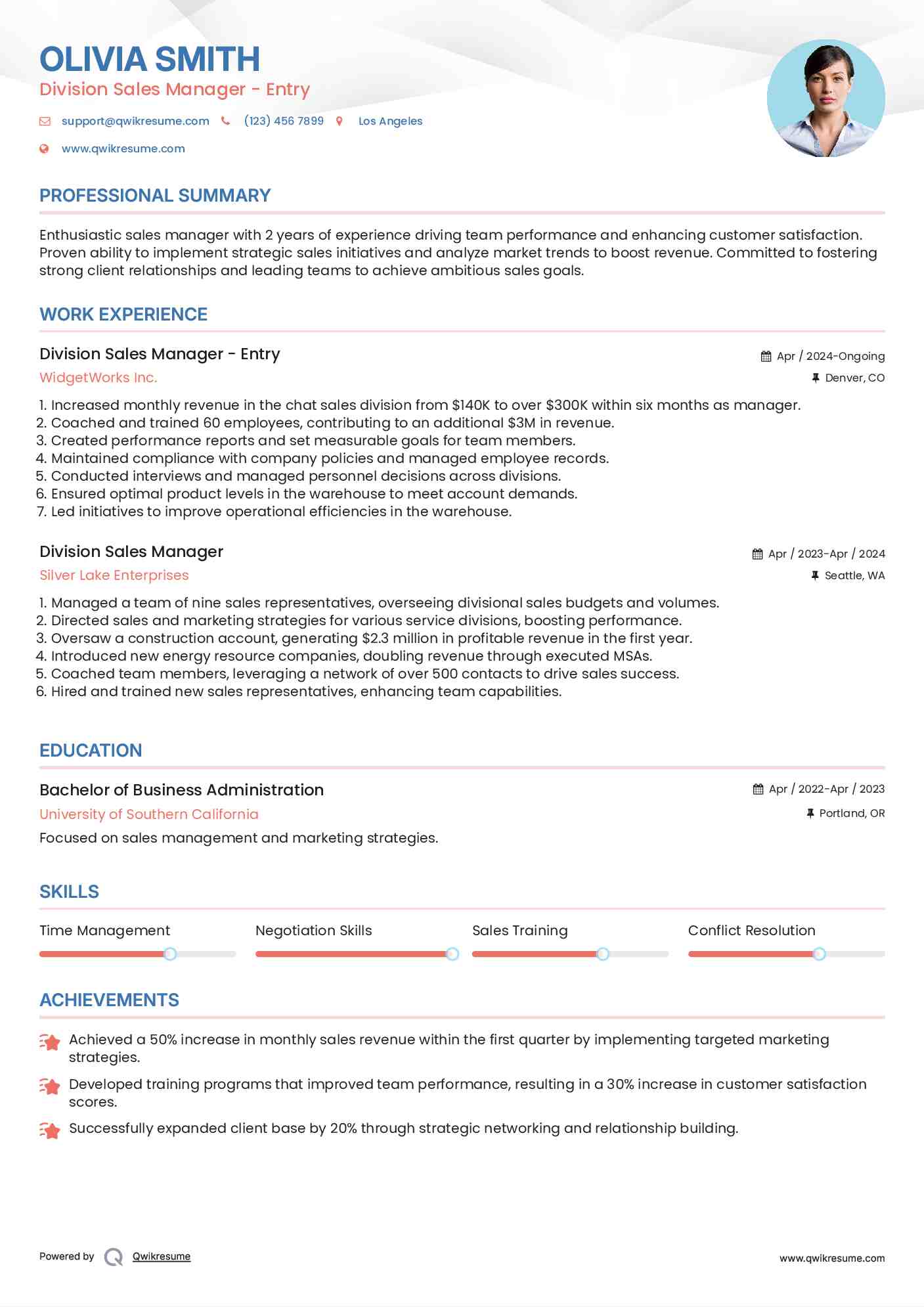 Division Sales Manager - Entry Resume Format