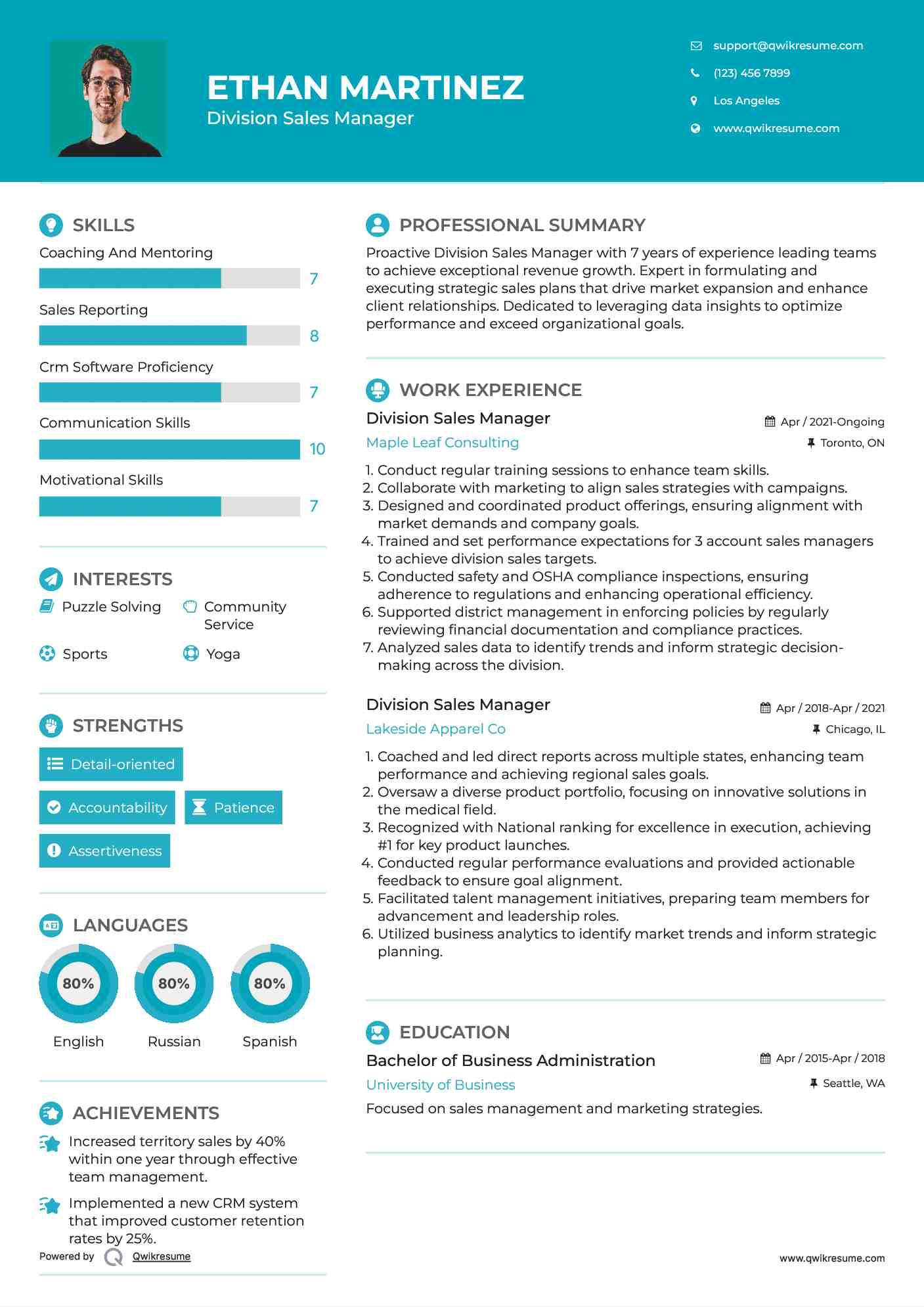 Division Sales Manager Resume Format