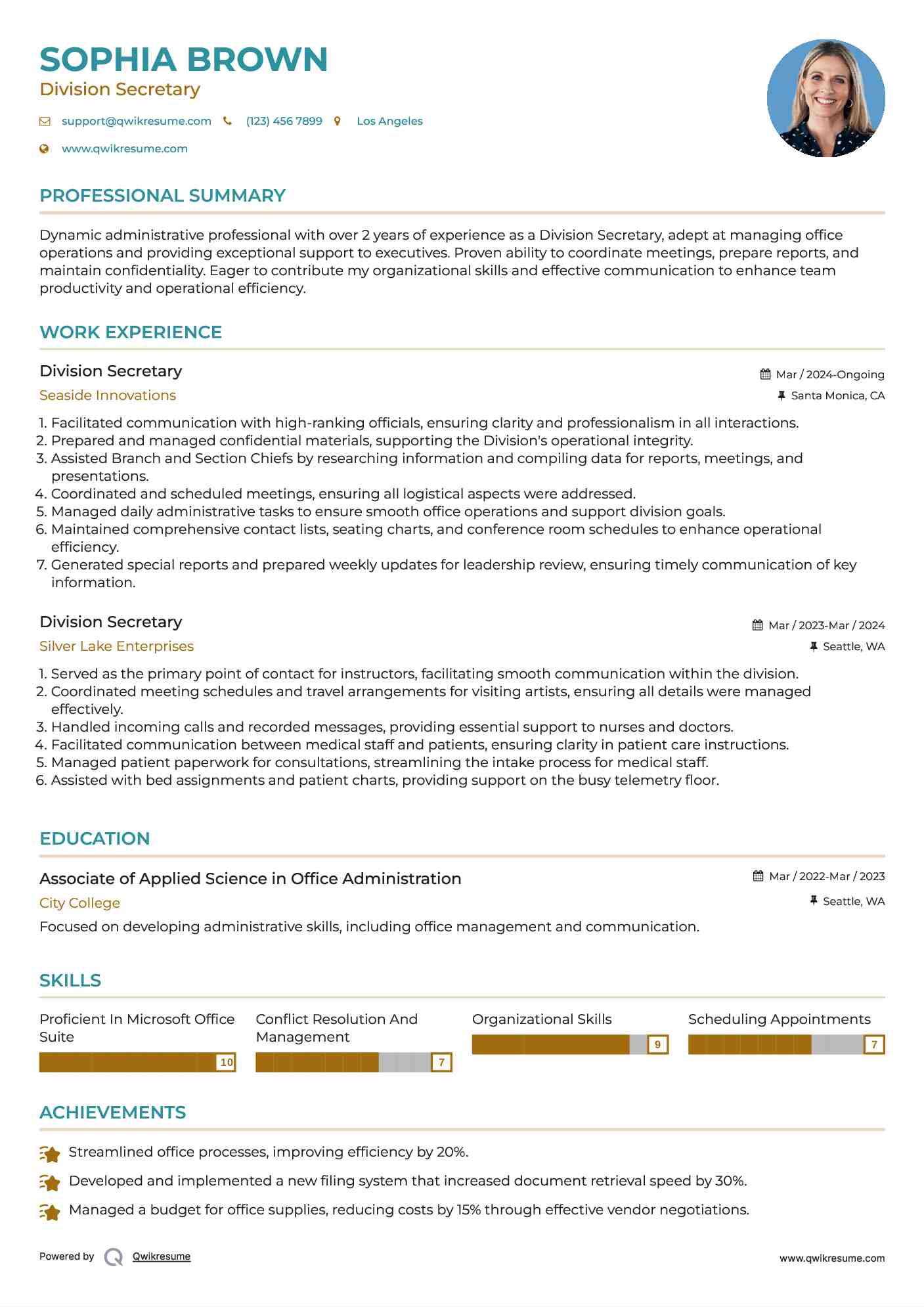 Division Secretary Resume Template