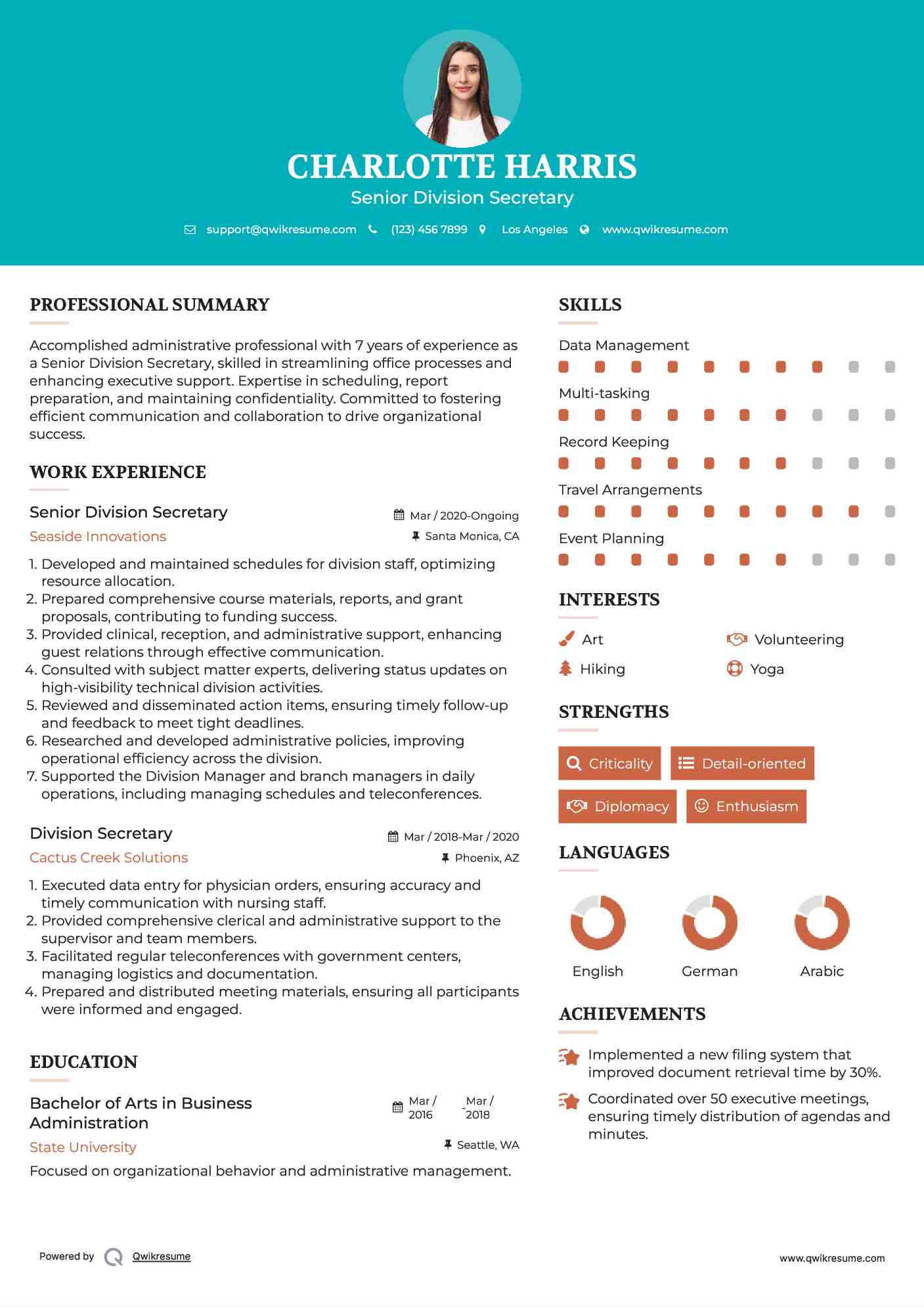 Senior Division Secretary Resume Model