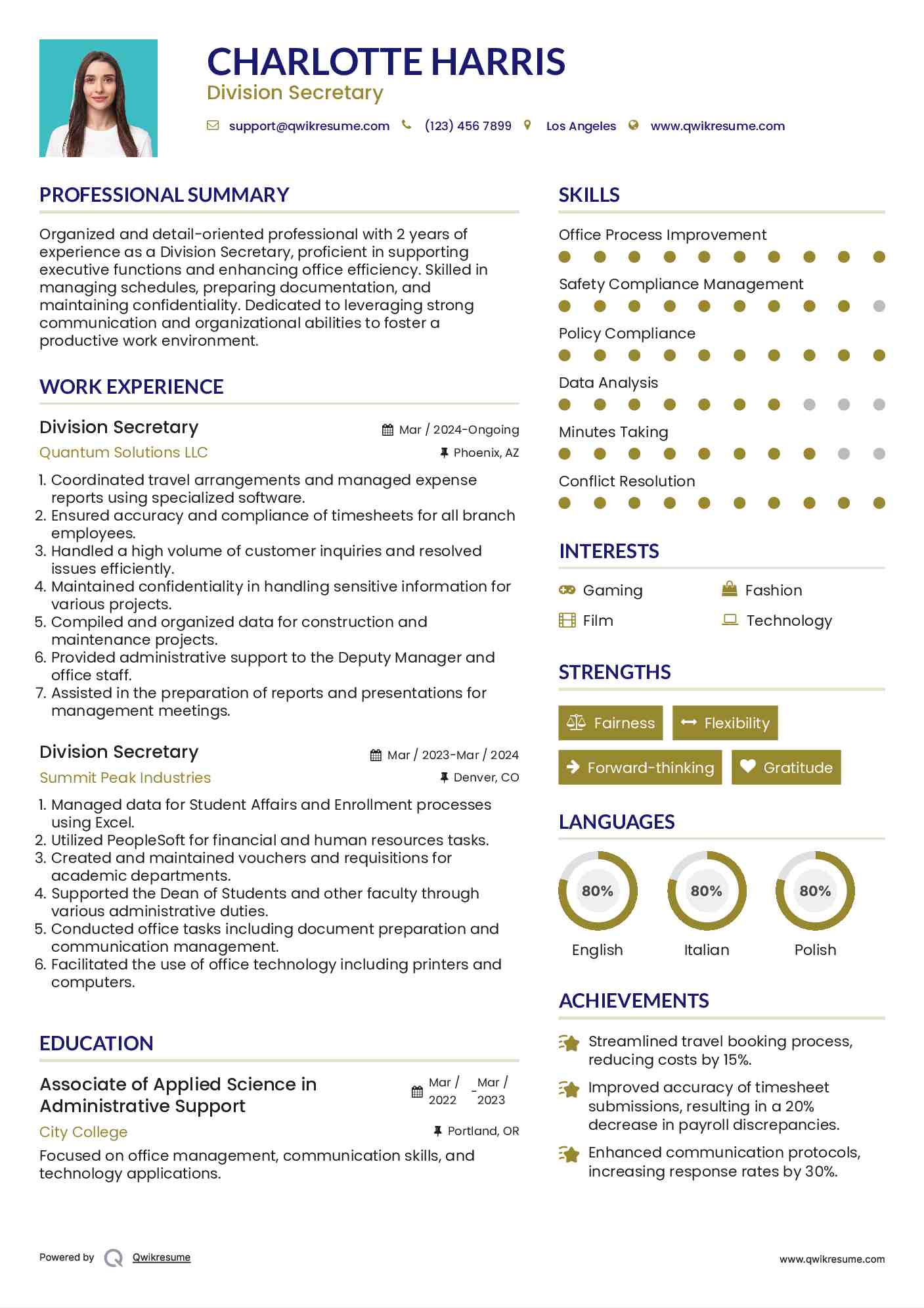 Division Secretary Resume Sample