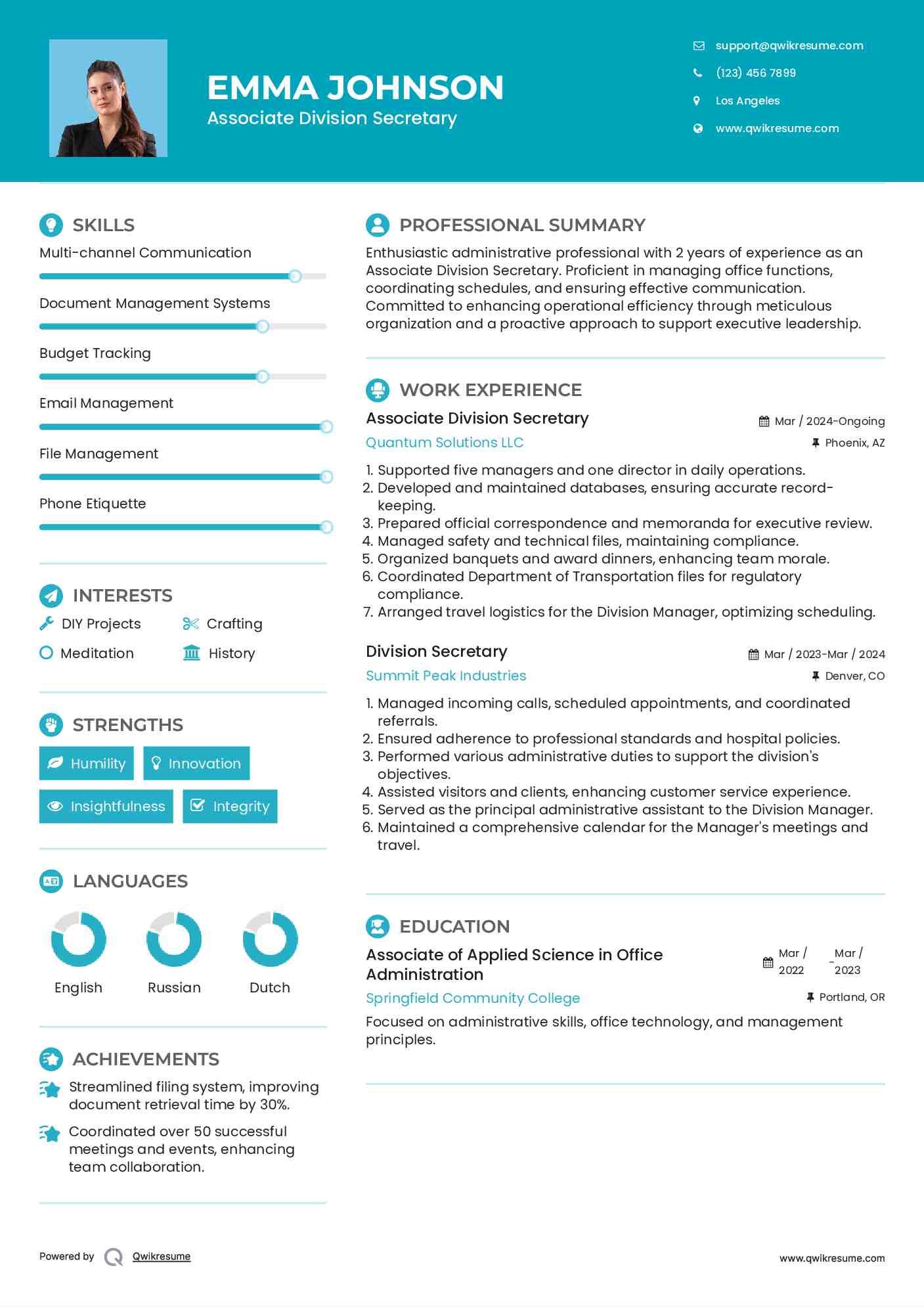 Associate Division Secretary  Resume Model