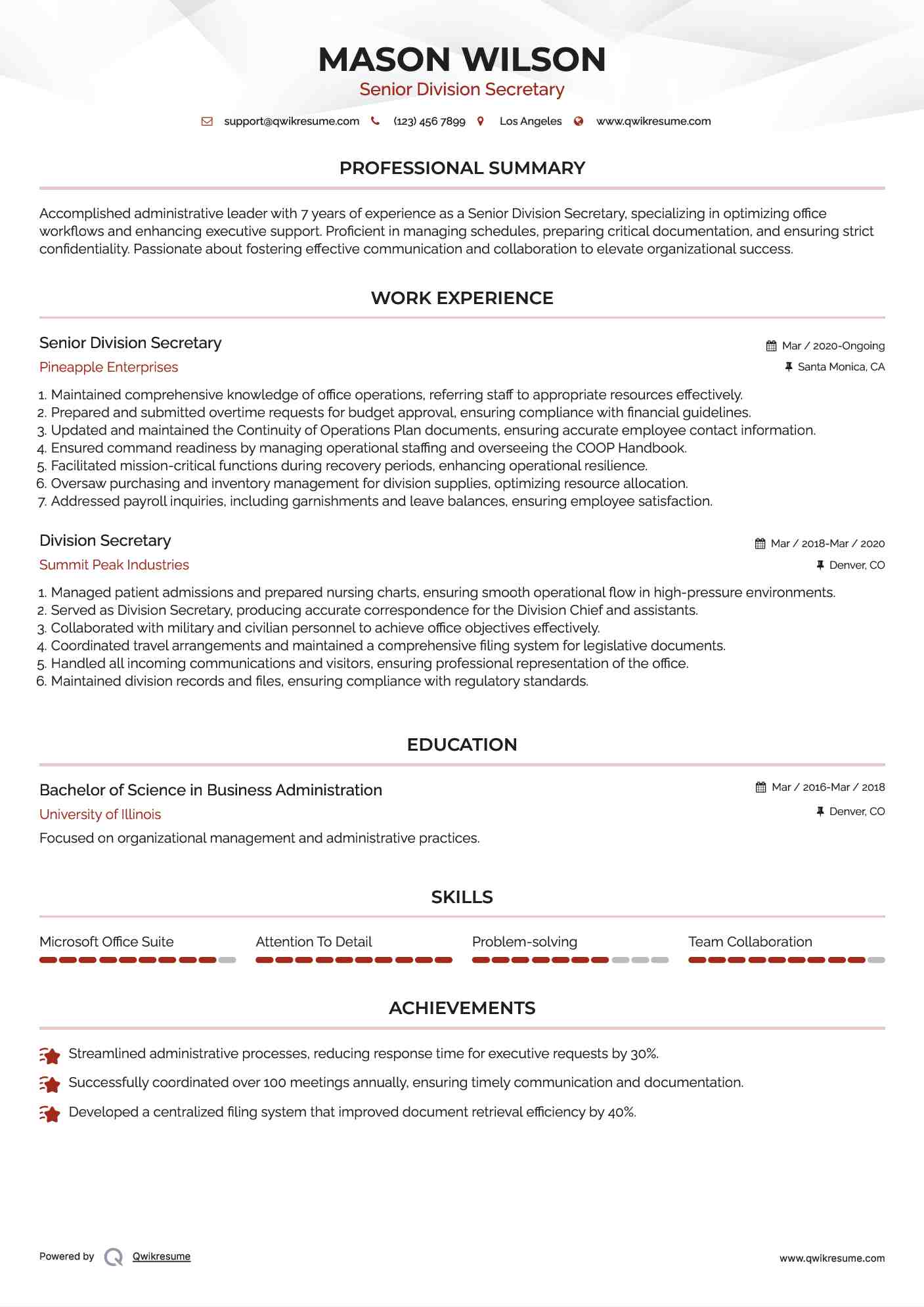 Senior Division Secretary  Resume Template