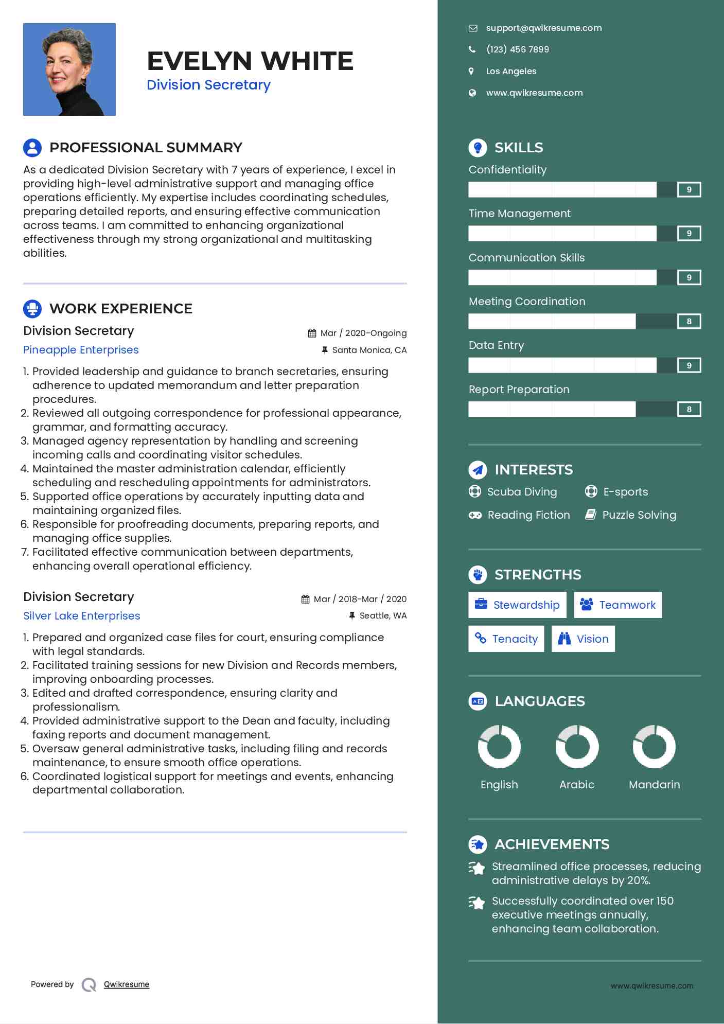 Division Secretary Resume Example