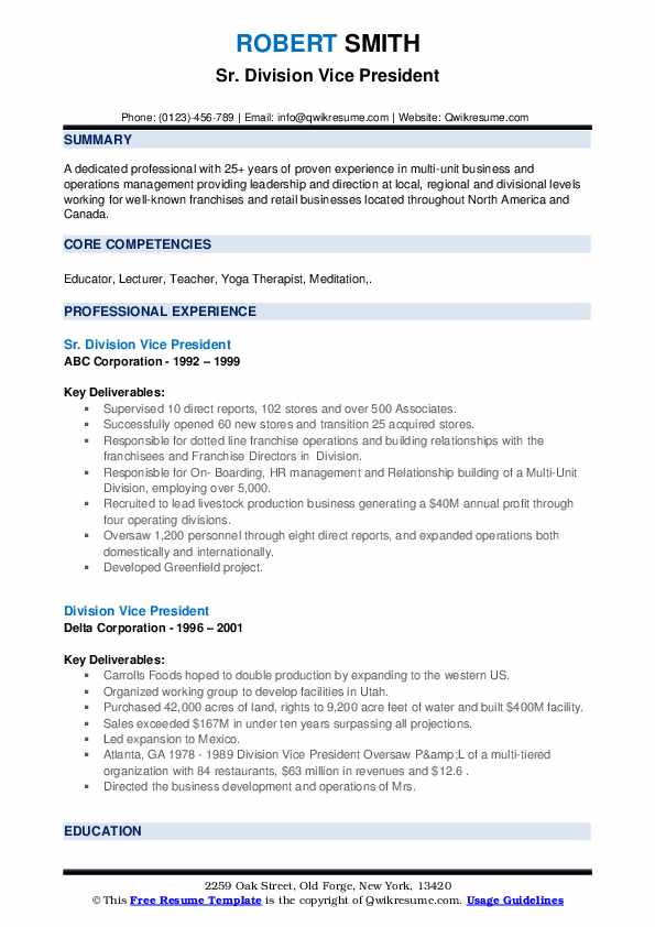 Division Vice President Resume Samples QwikResume