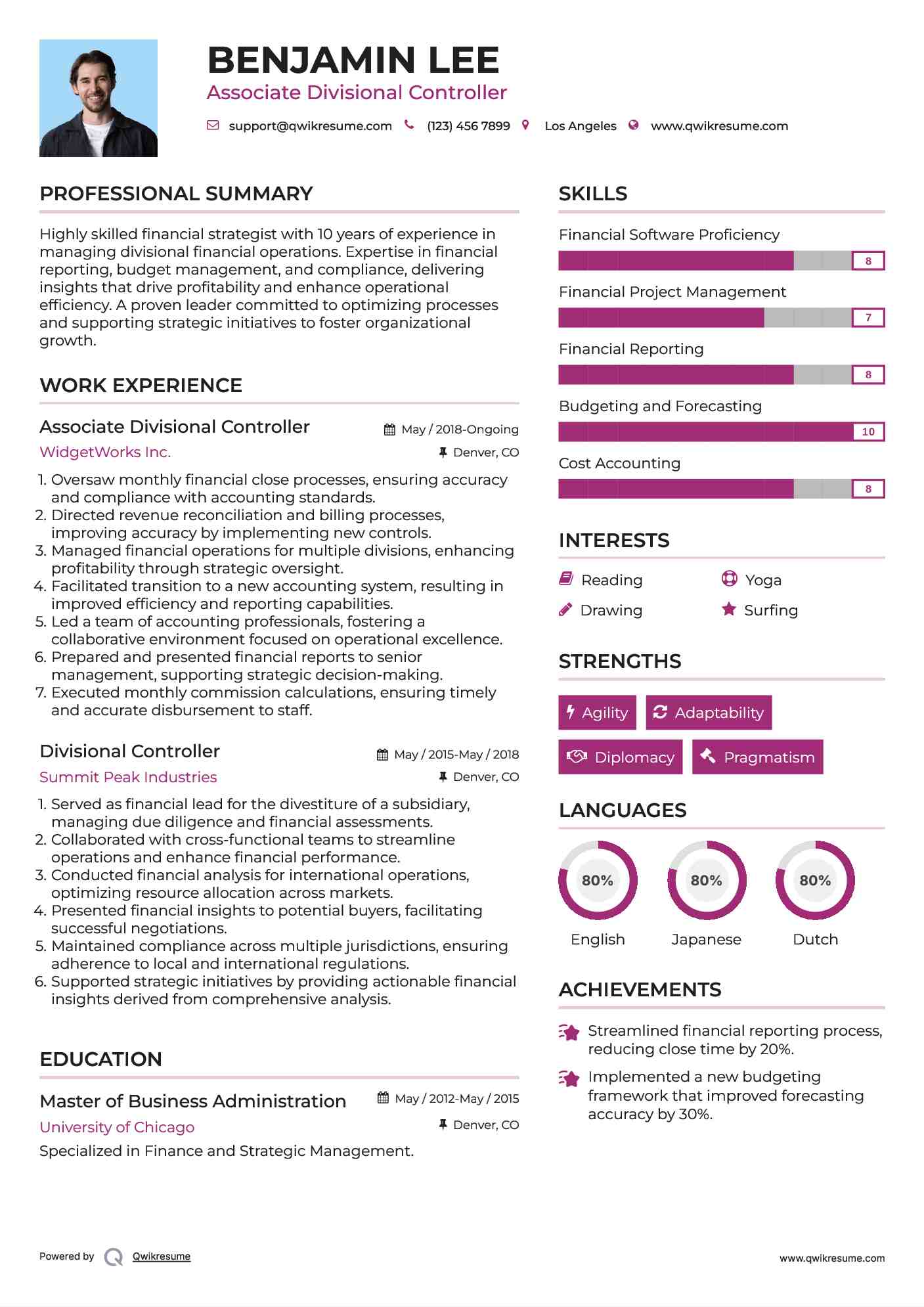 Associate Divisional Controller Resume Sample