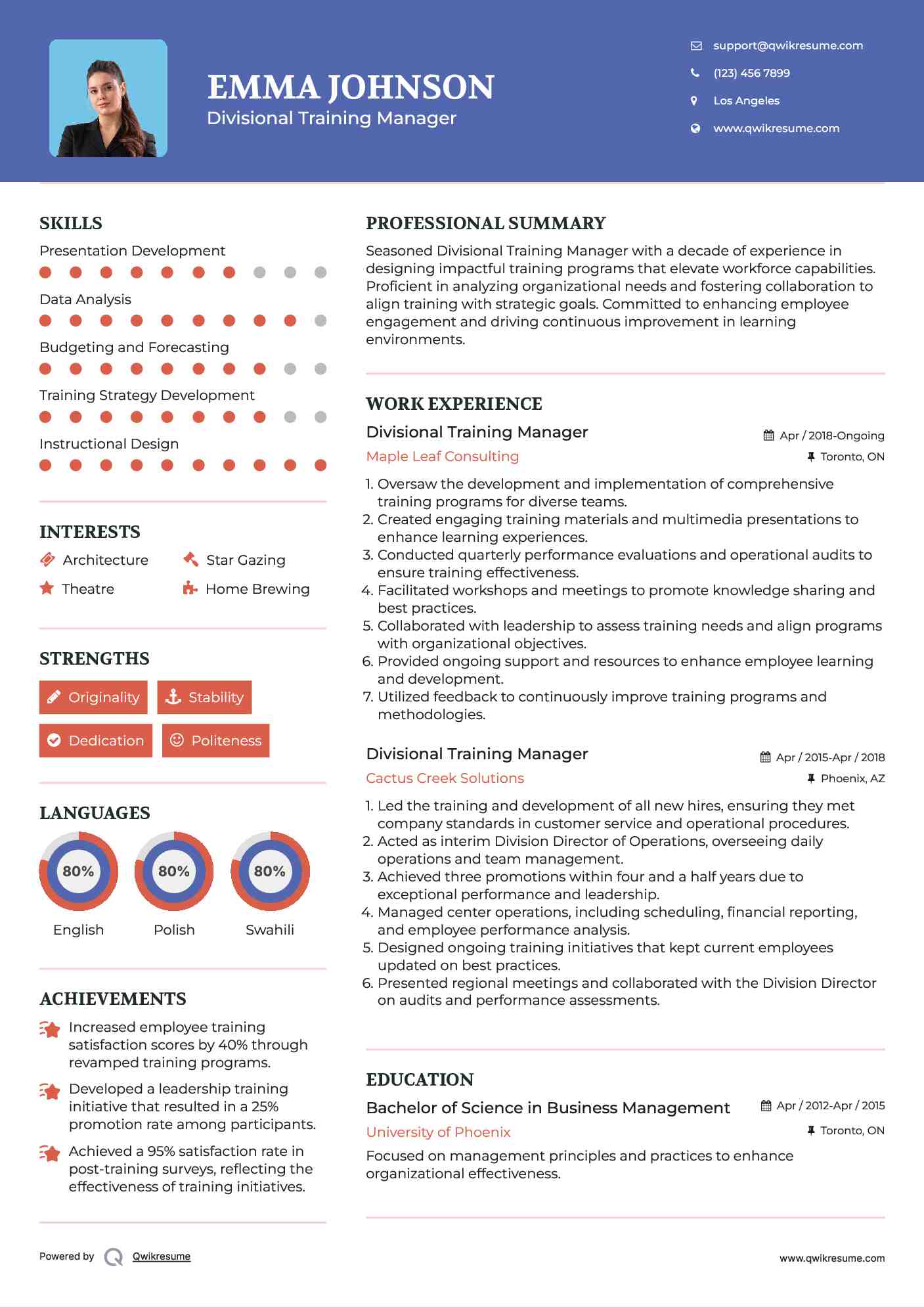 Divisional Training Manager Resume Template