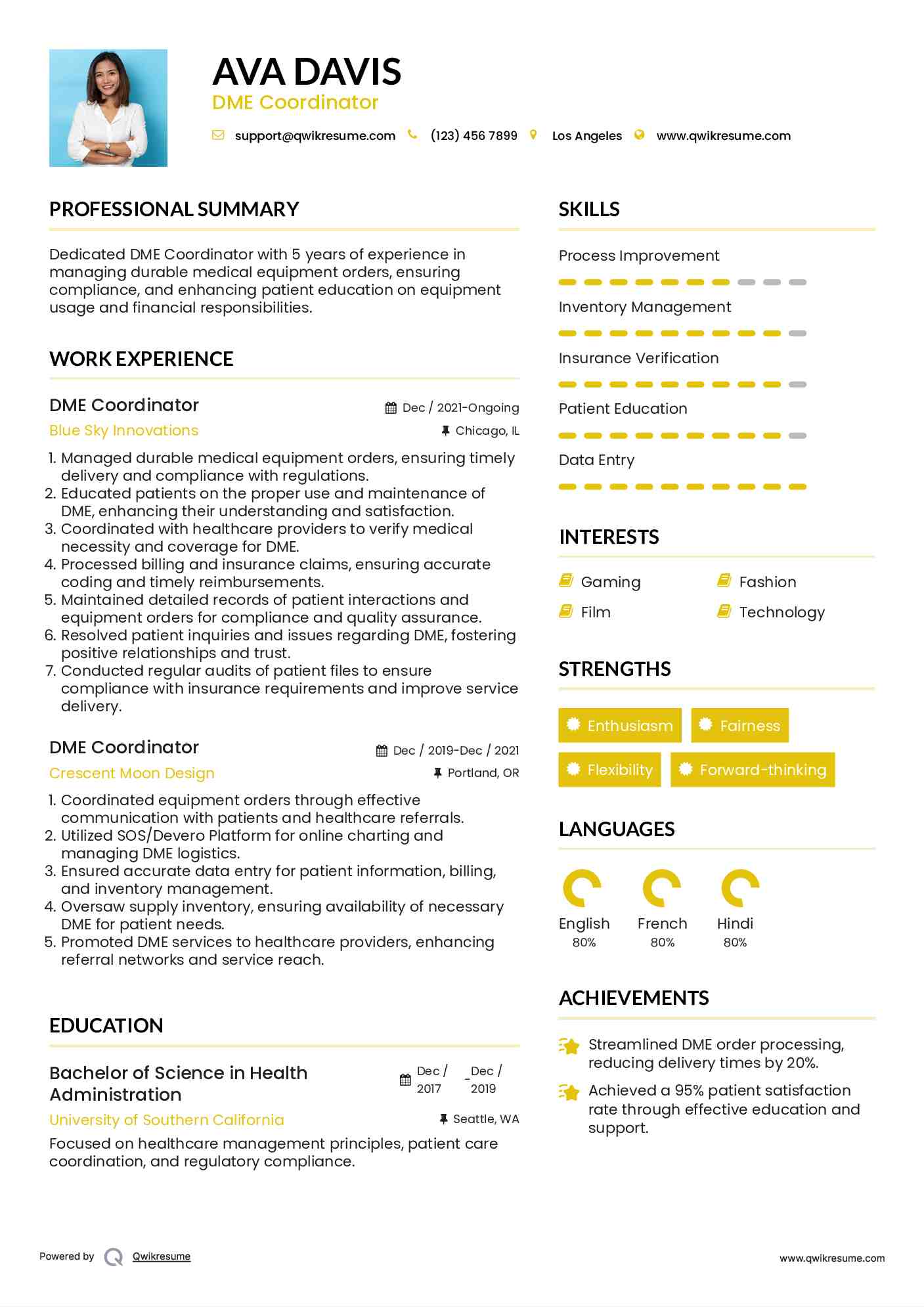 DME Coordinator Resume Sample