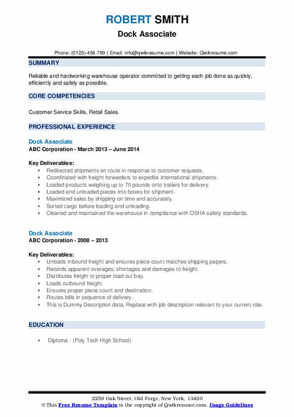 Dock Associate Resume Samples QwikResume