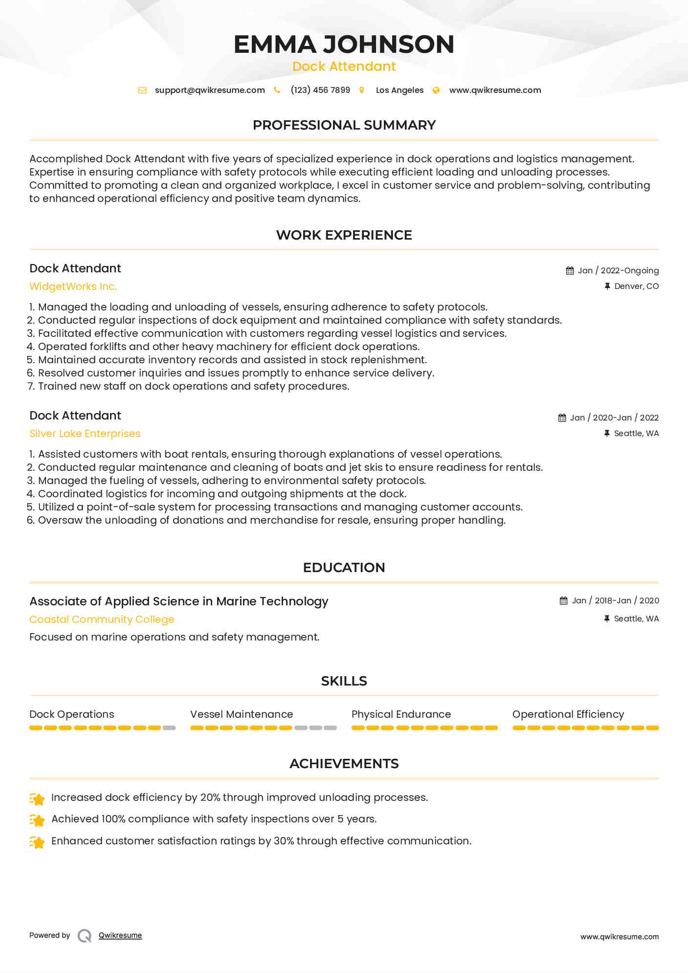 Dock Attendant Resume Samples QwikResume