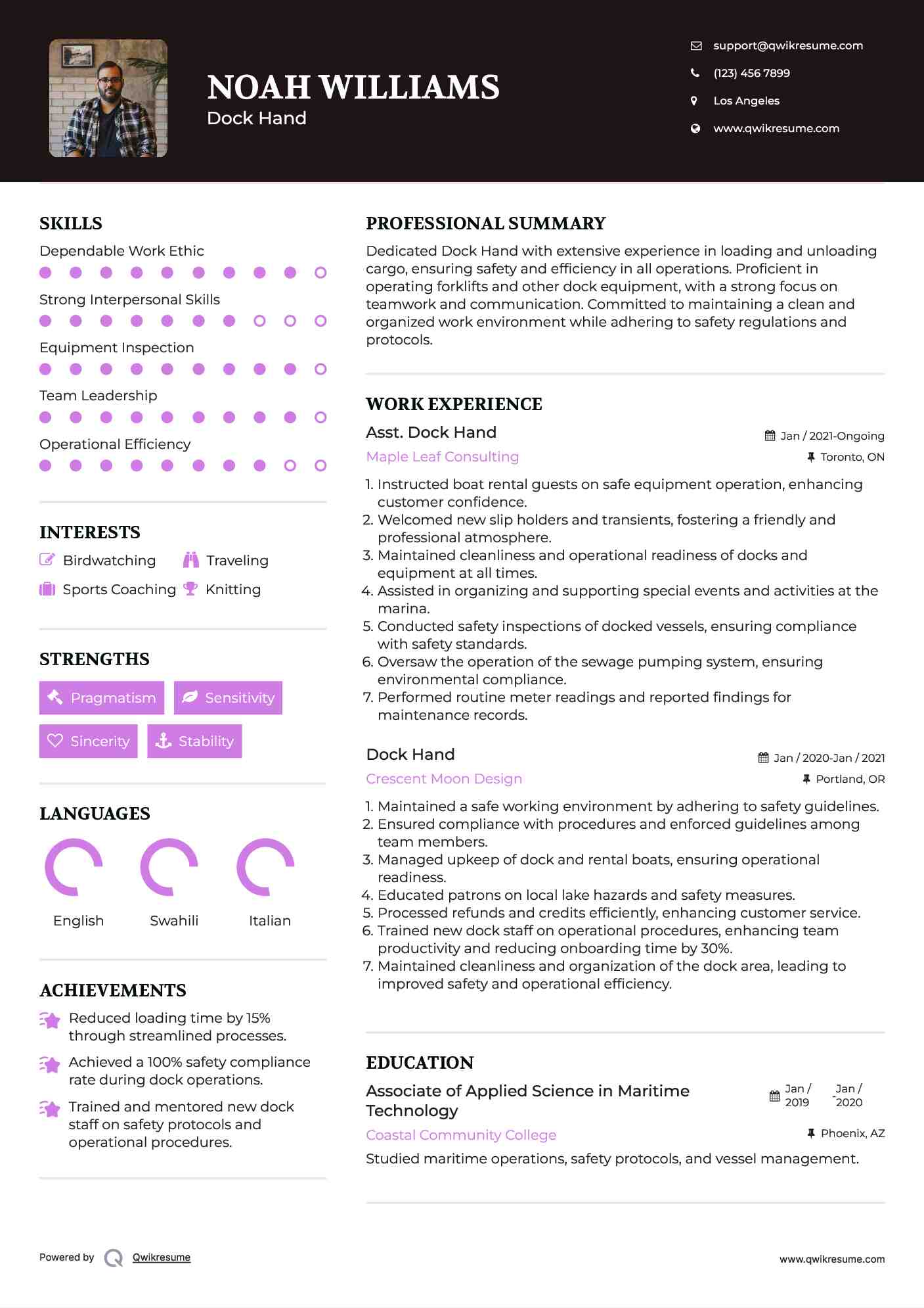 Asst. Dock Hand Resume Sample