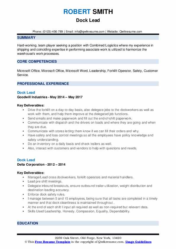 Dock Lead Resume Samples QwikResume