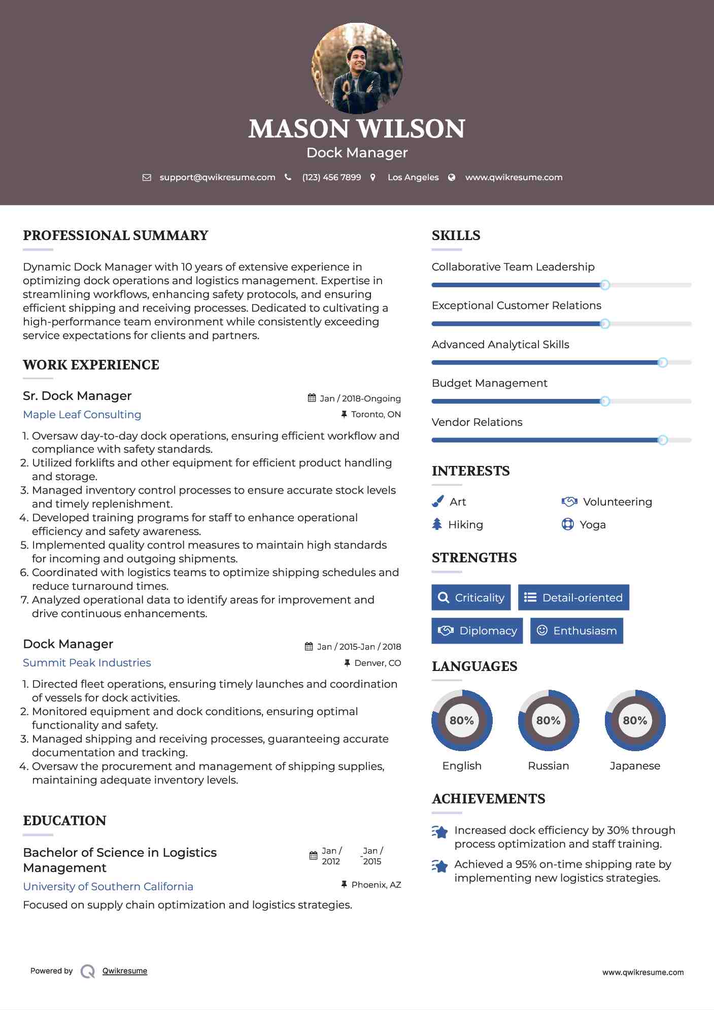 Sr. Dock Manager Resume Model