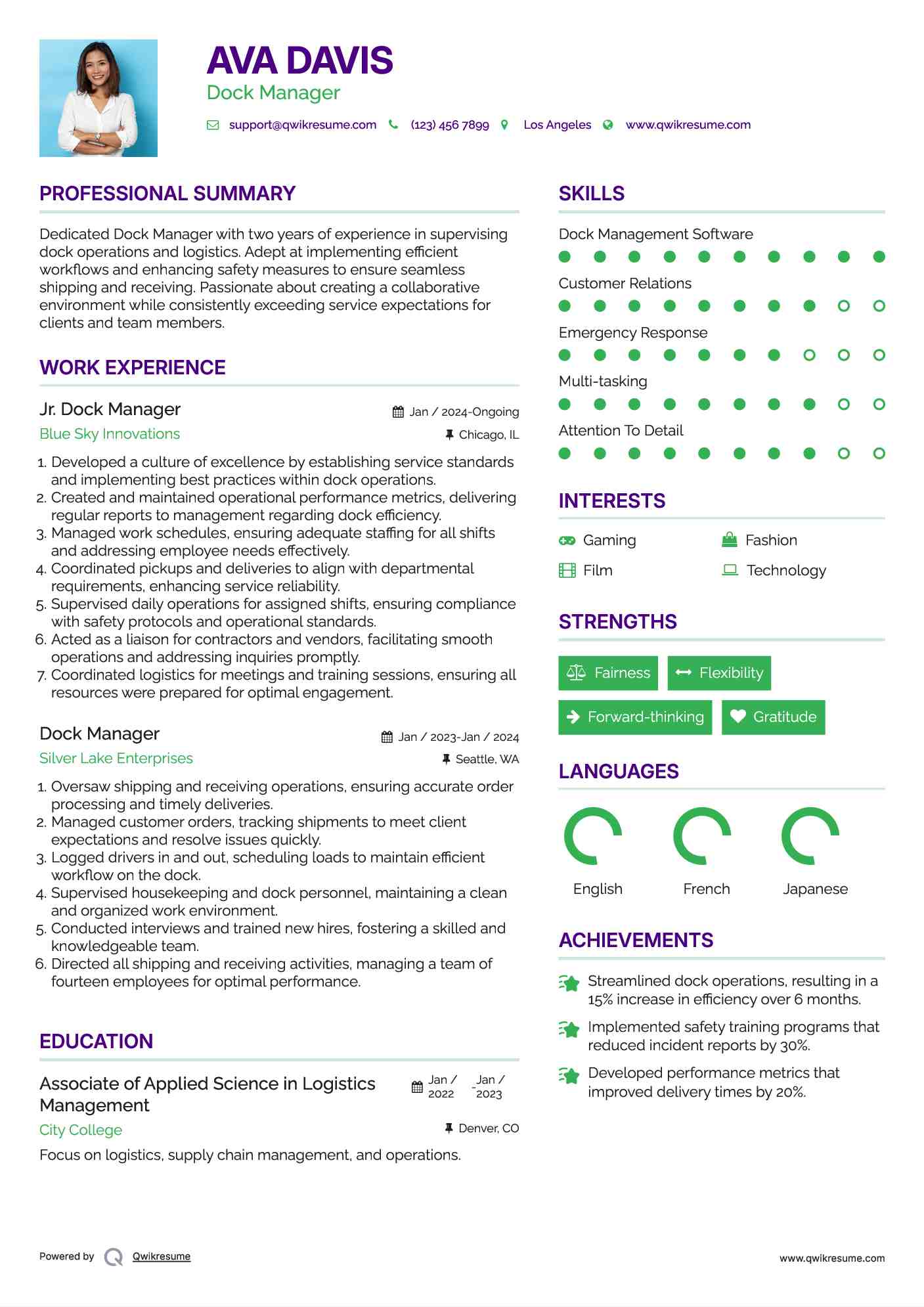 Dock Manager Resume Samples QwikResume
