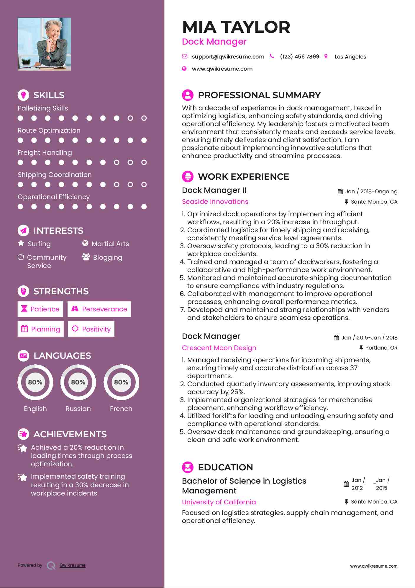 Dock Manager Resume Samples QwikResume