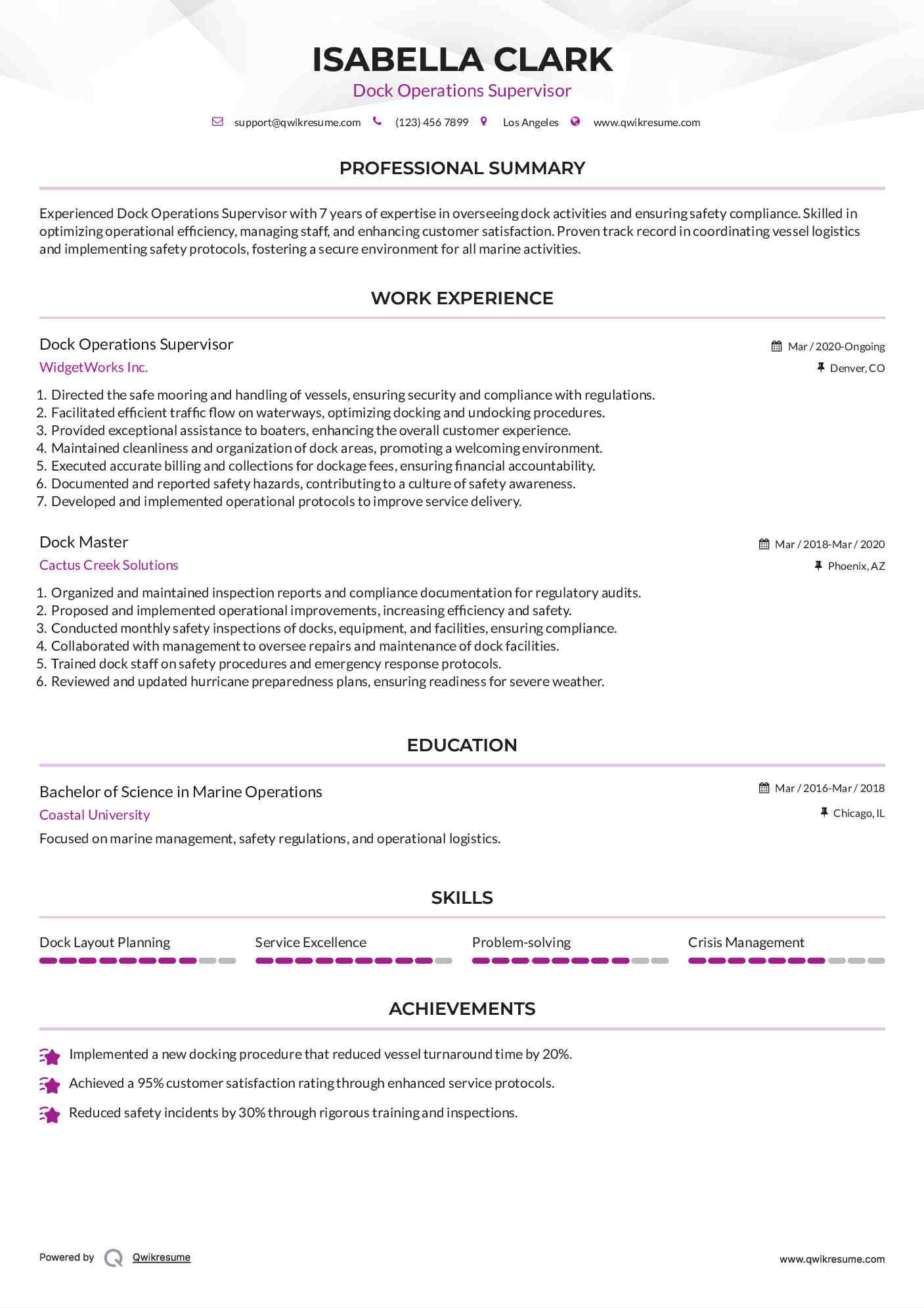 Dock Operations Supervisor Resume Example