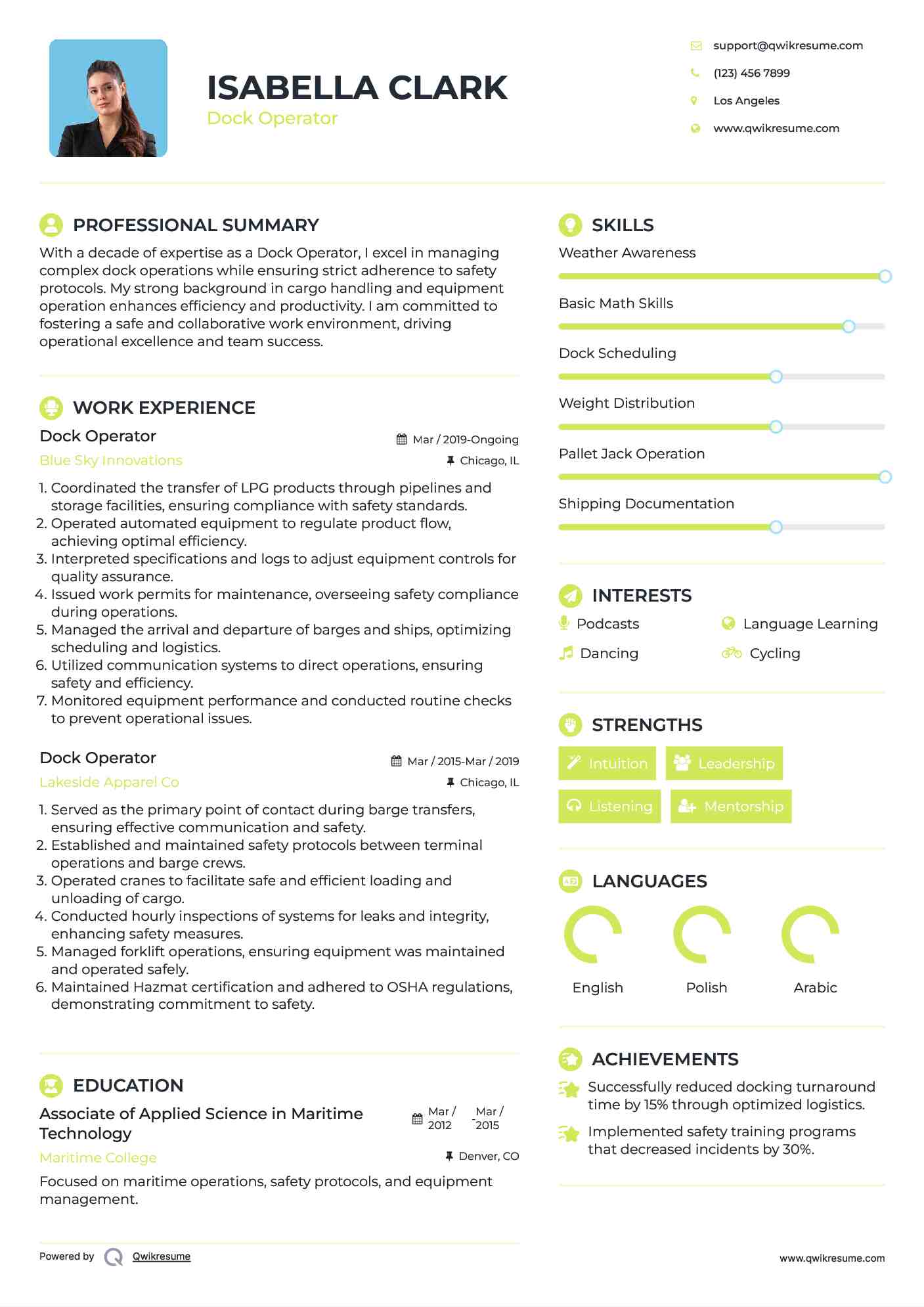 Dock Operator Resume Samples | QwikResume