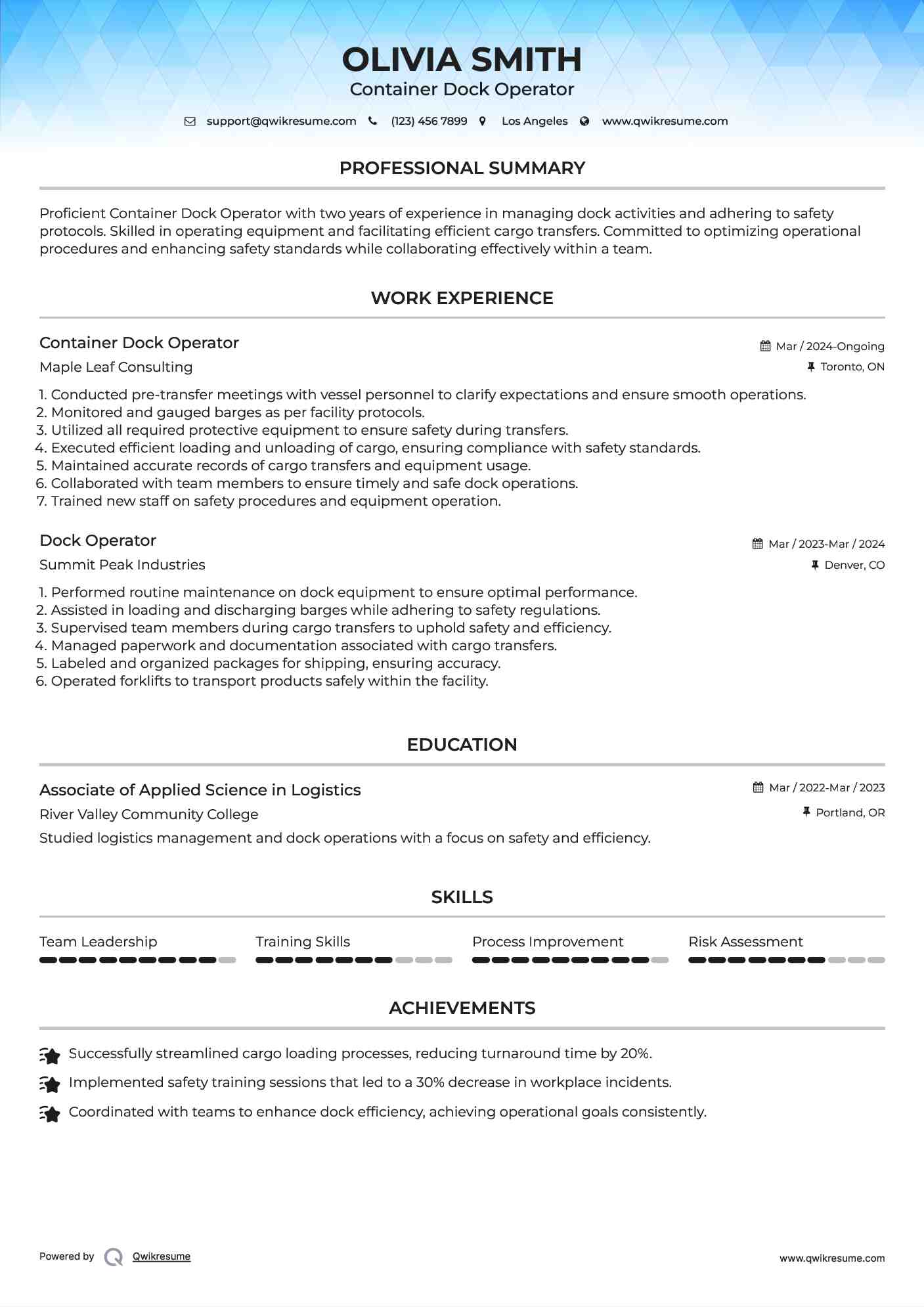 Container Dock Operator Resume Sample