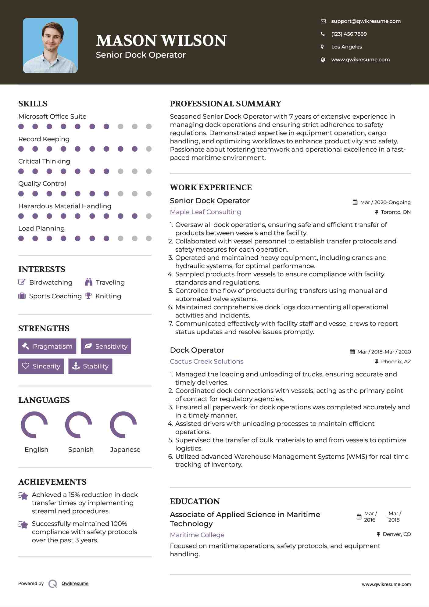 Dock Operator Resume Samples QwikResume
