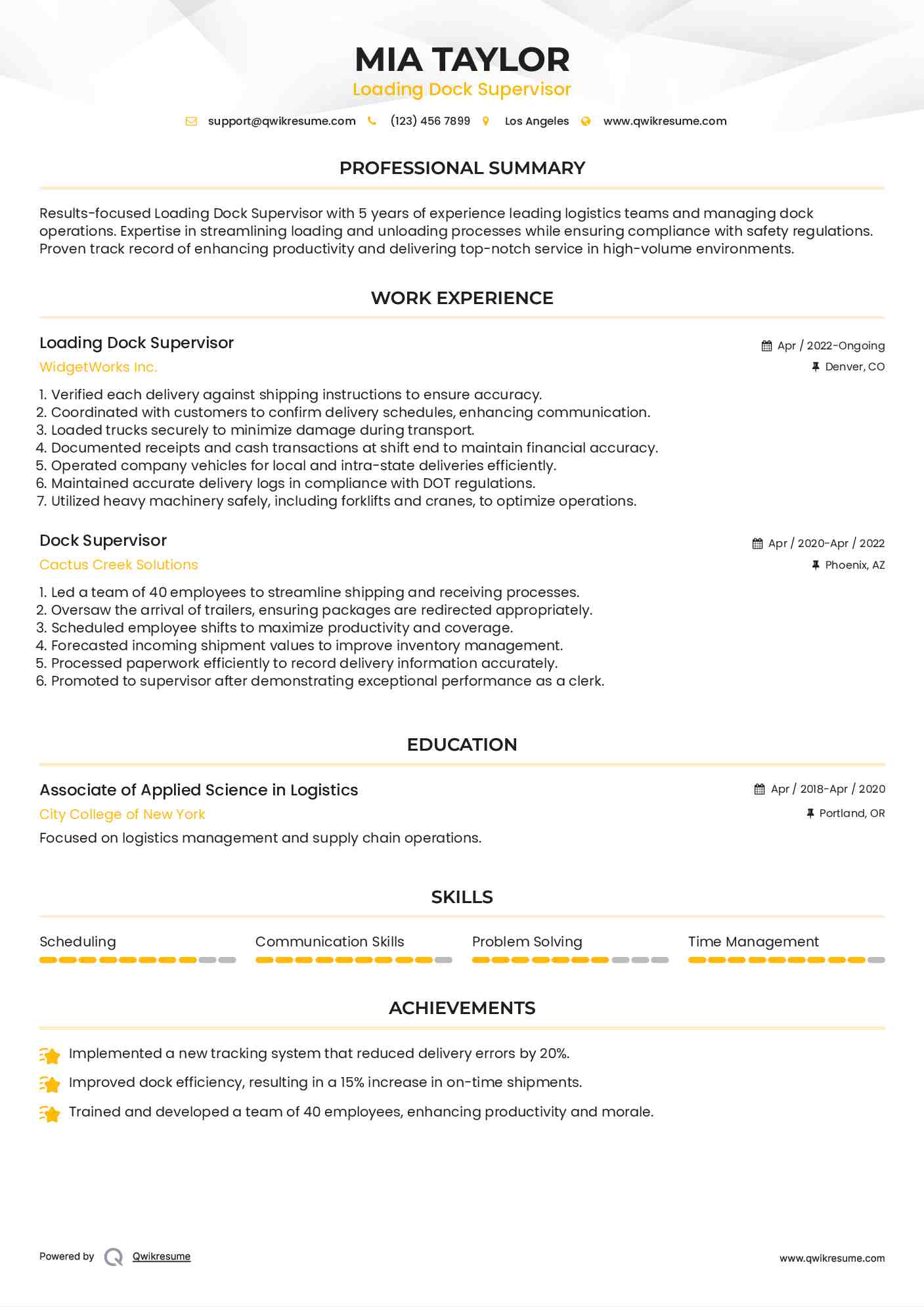 Dock supervisor resume