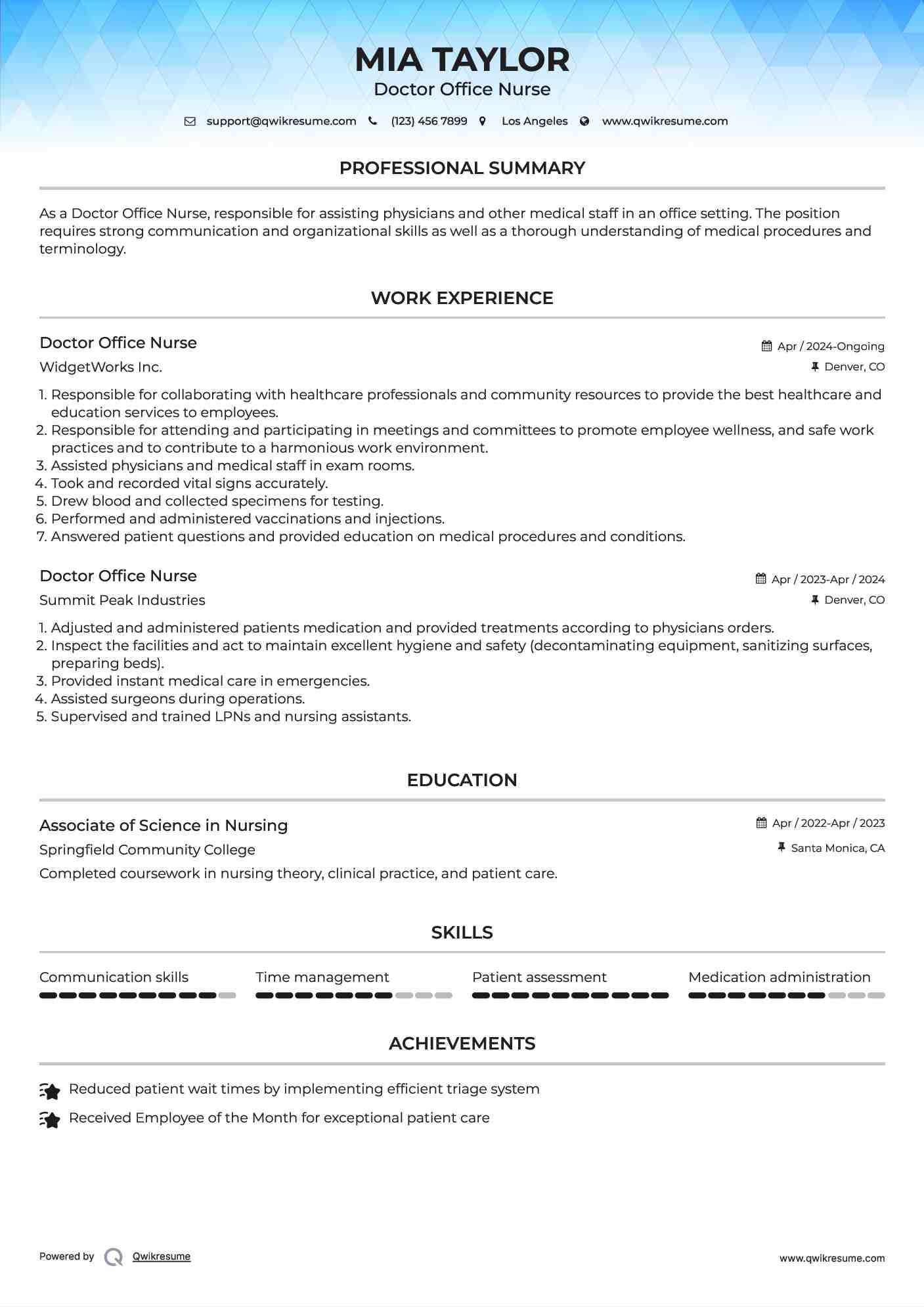 Doctor Office Nurse Resume Sample