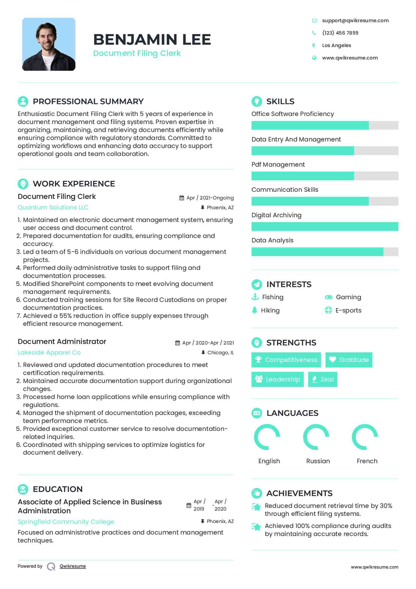 Document Filing Clerk Resume Example