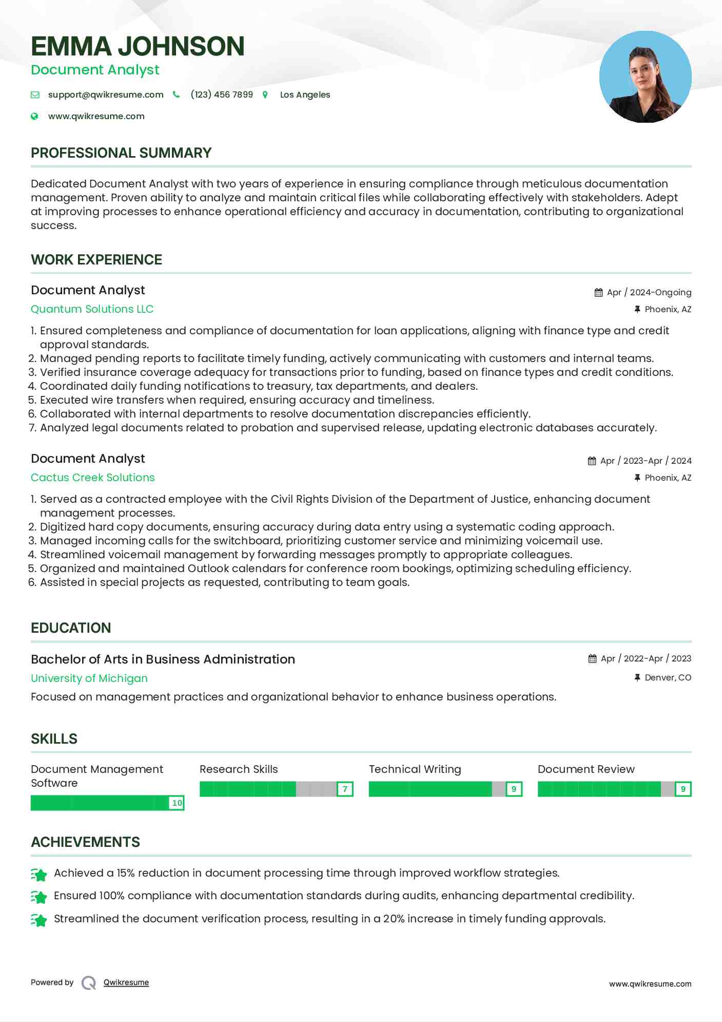 Document Analyst Resume Template