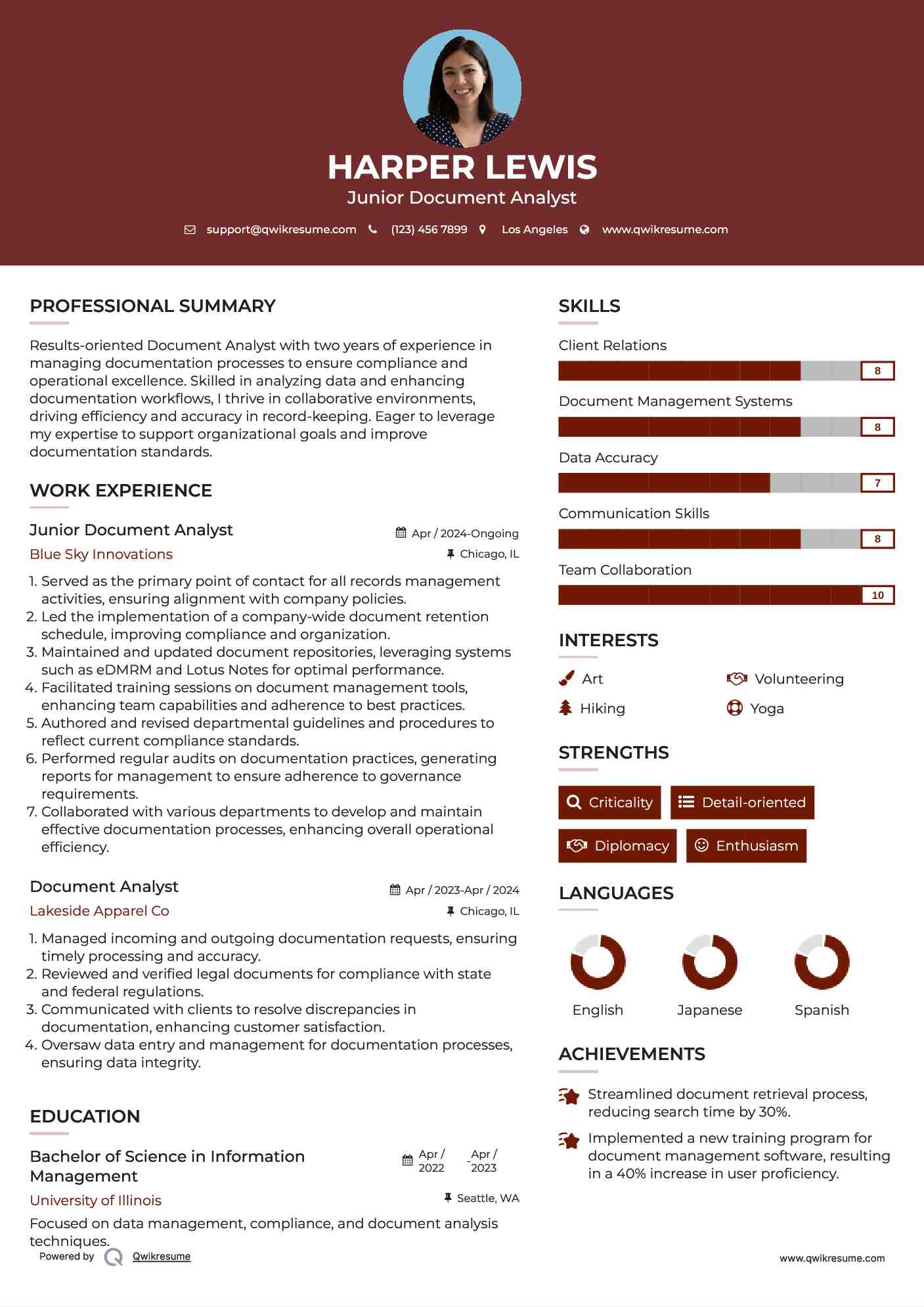 Junior Document Analyst Resume Model