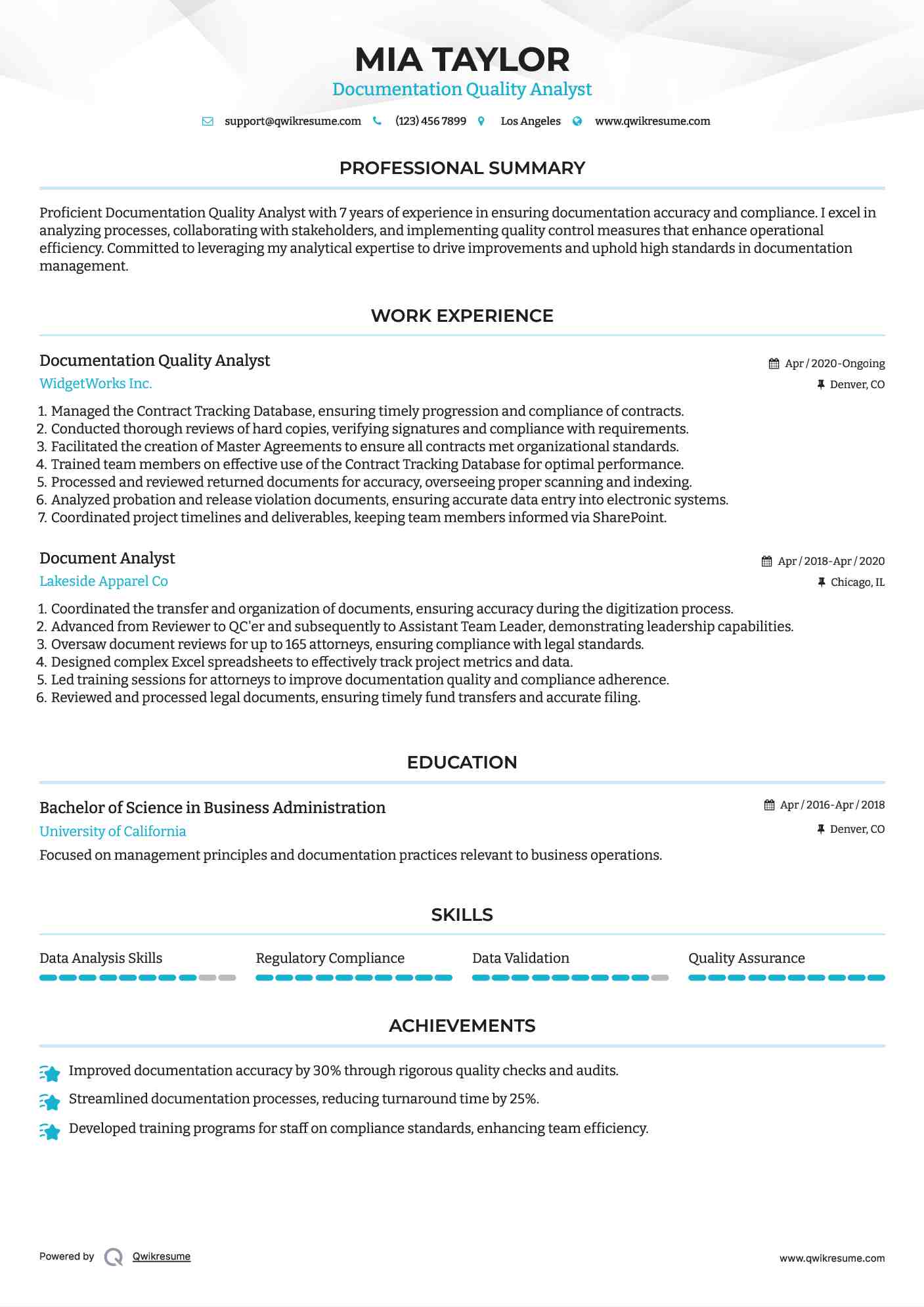 Documentation Quality Analyst Resume Sample