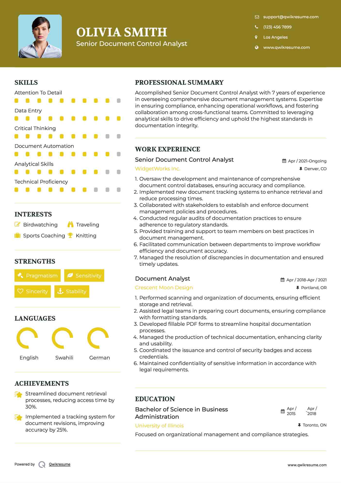Senior Document Control Analyst Resume Template