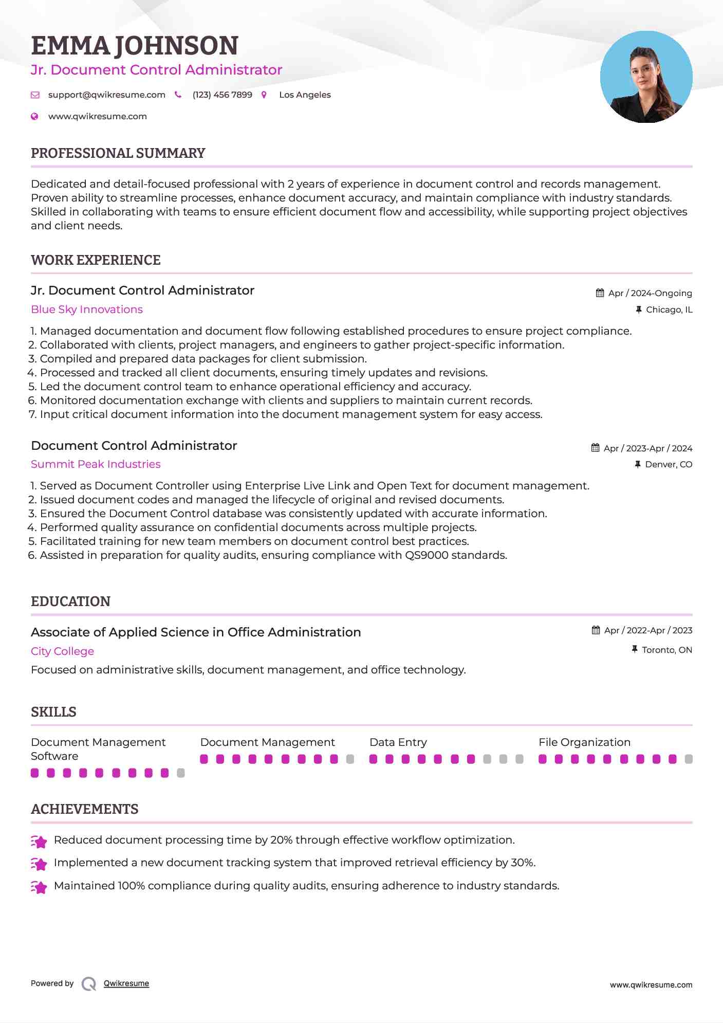 Jr. Document Control Administrator Resume Sample