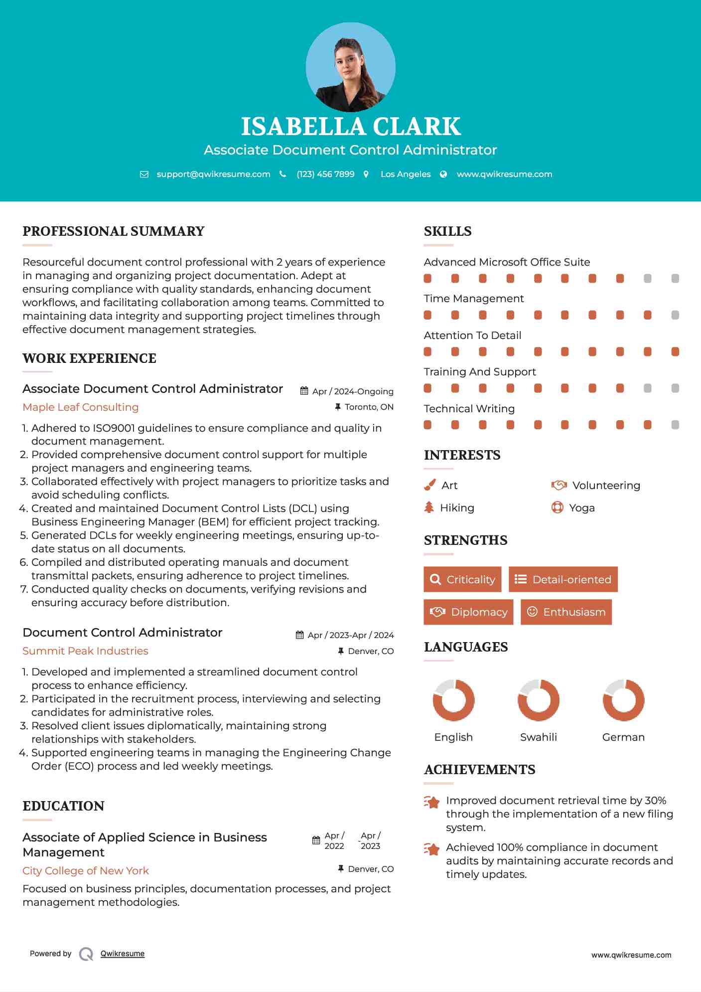 Associate Document Control Administrator Resume Format
