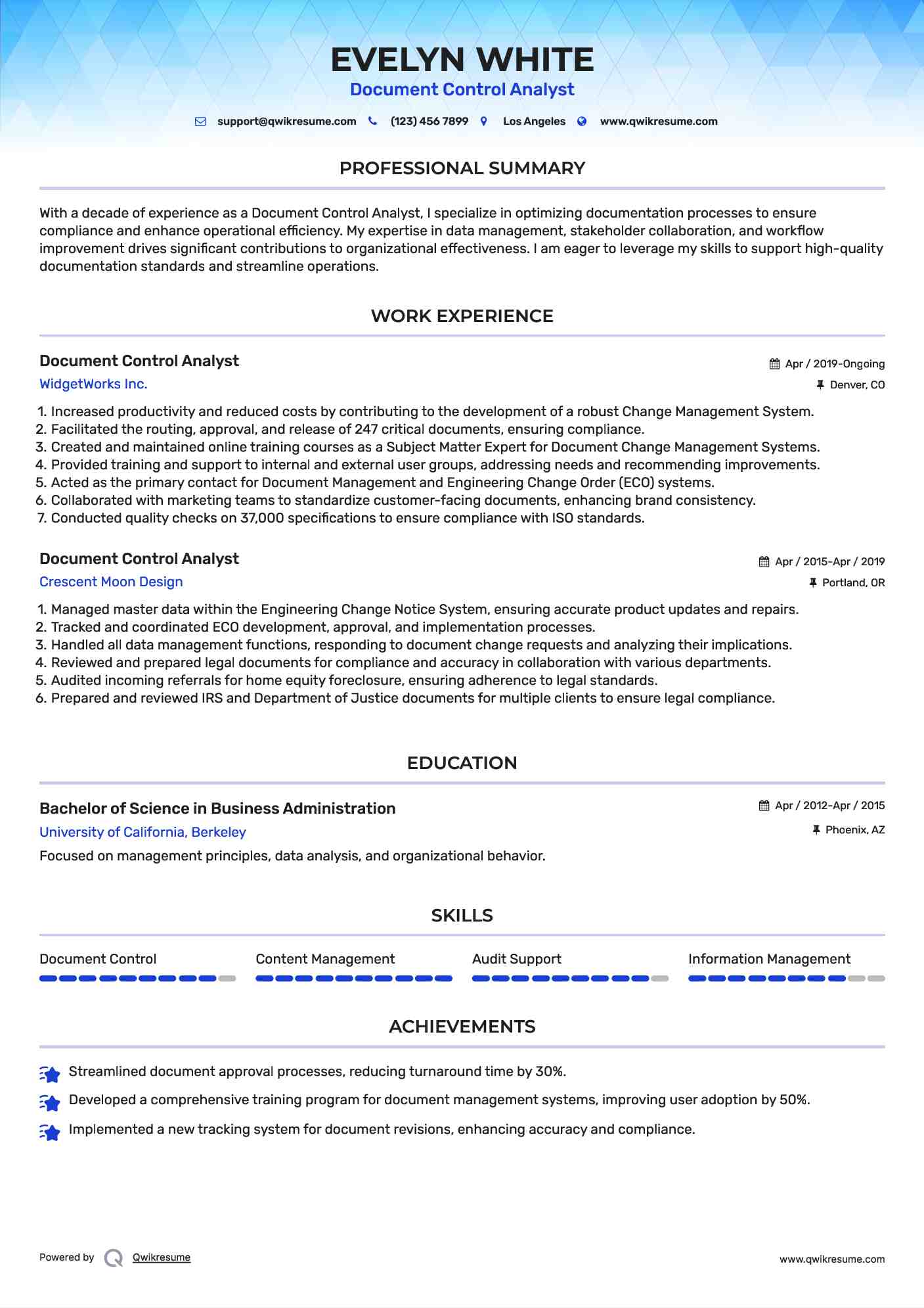 Document Control Analyst Resume Sample