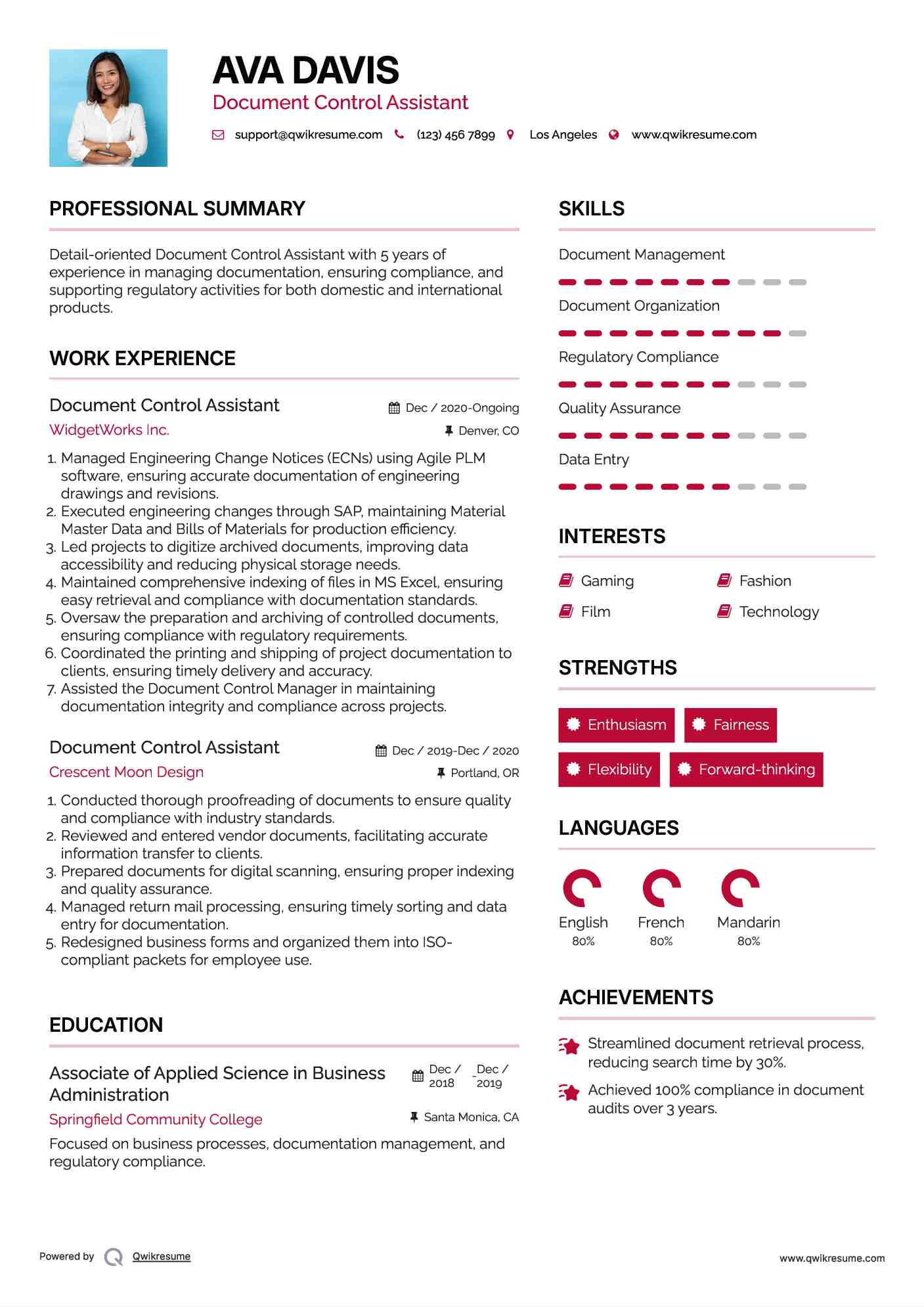 Document Control Assistant Resume Sample