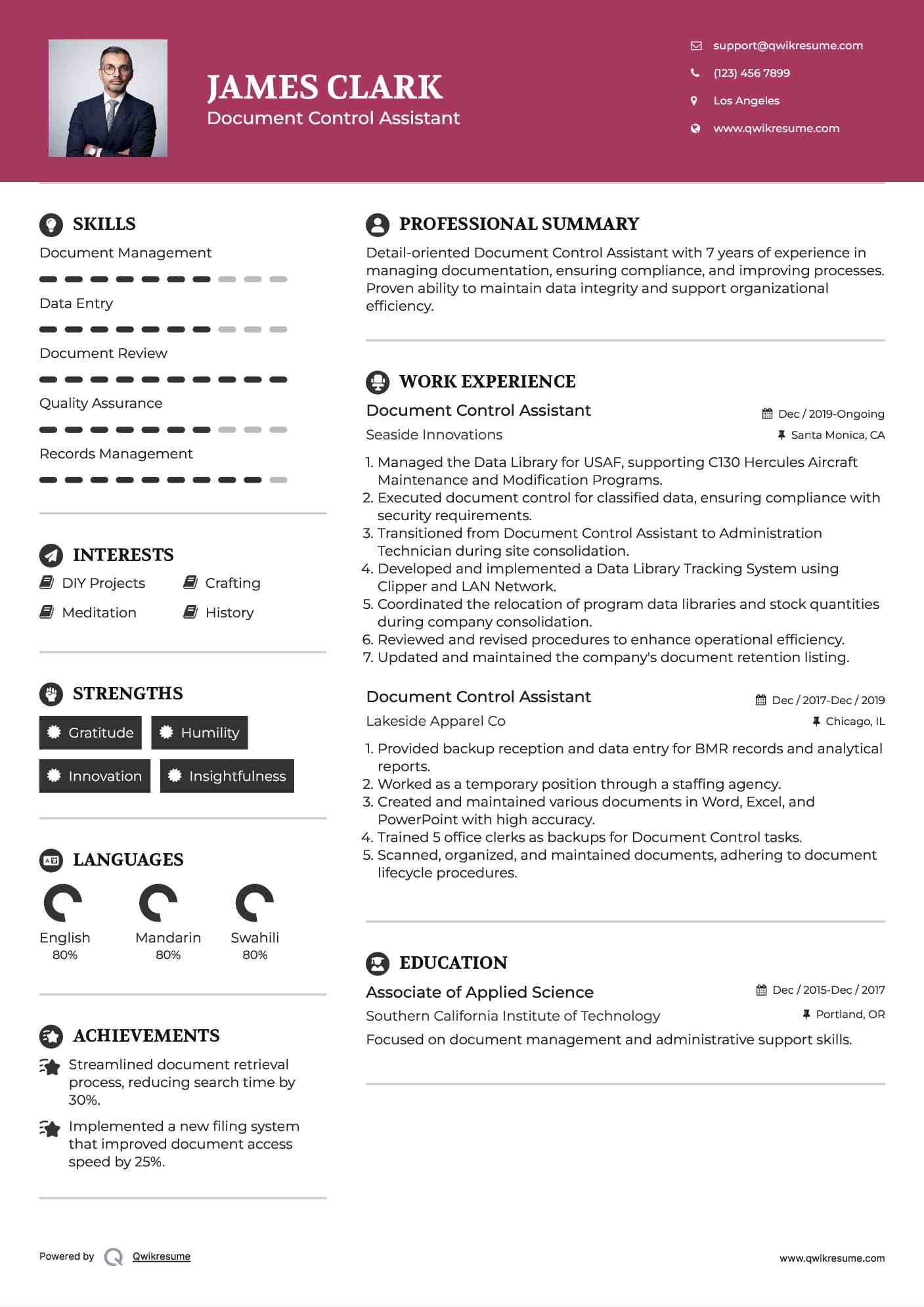 Document Control Assistant Resume Sample