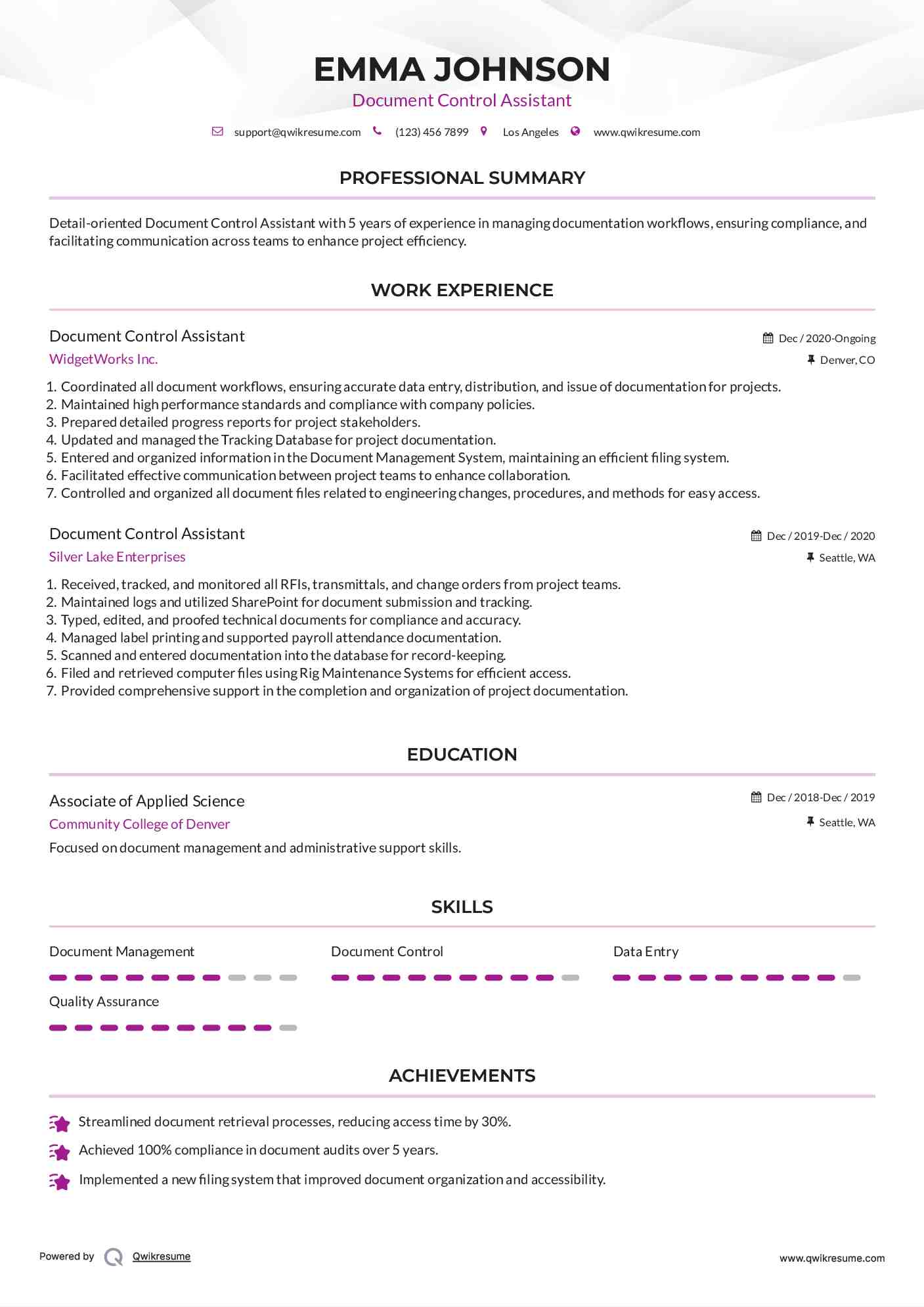 Document Control Assistant Resume Samples QwikResume