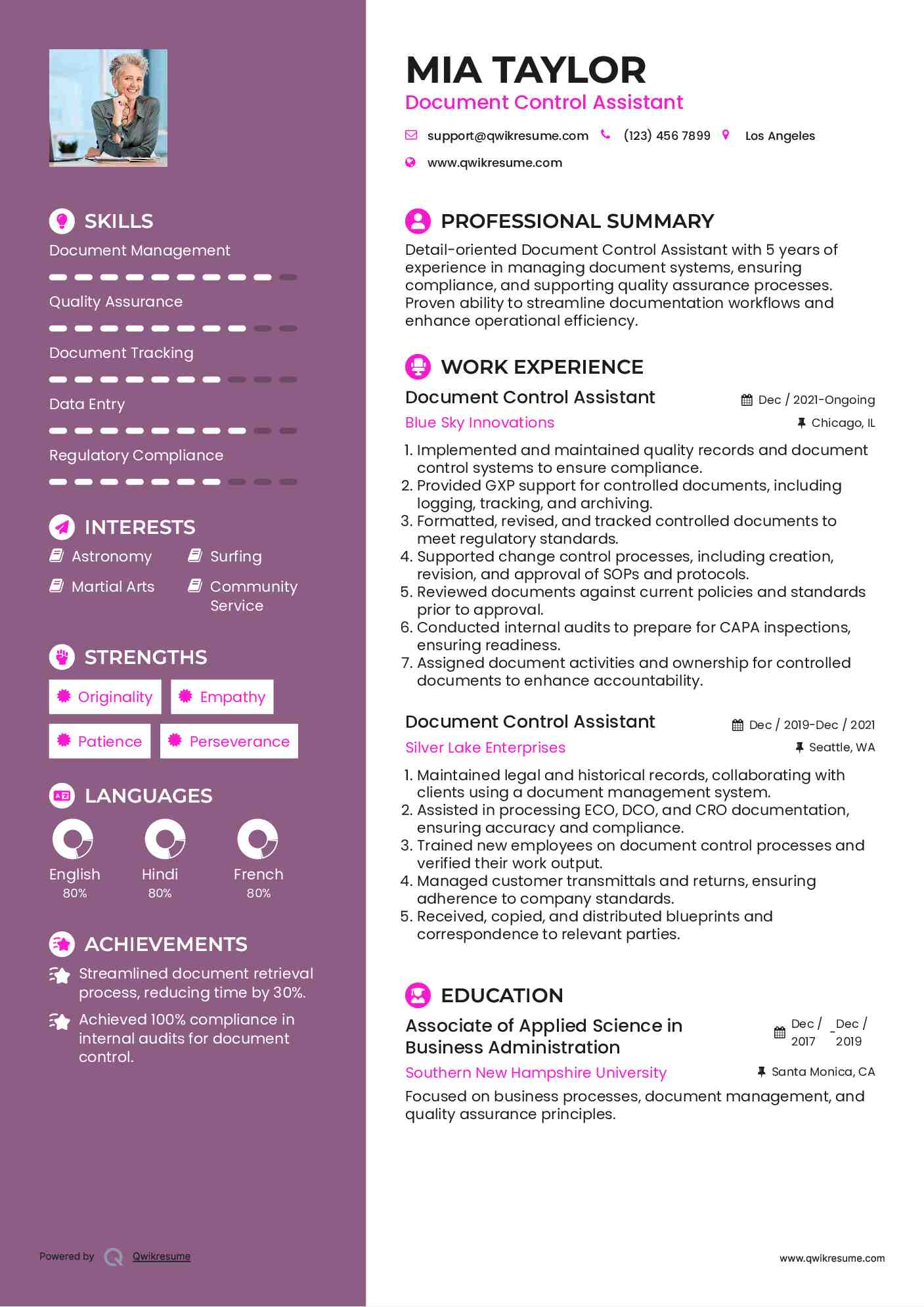 Document Control Assistant Resume Sample