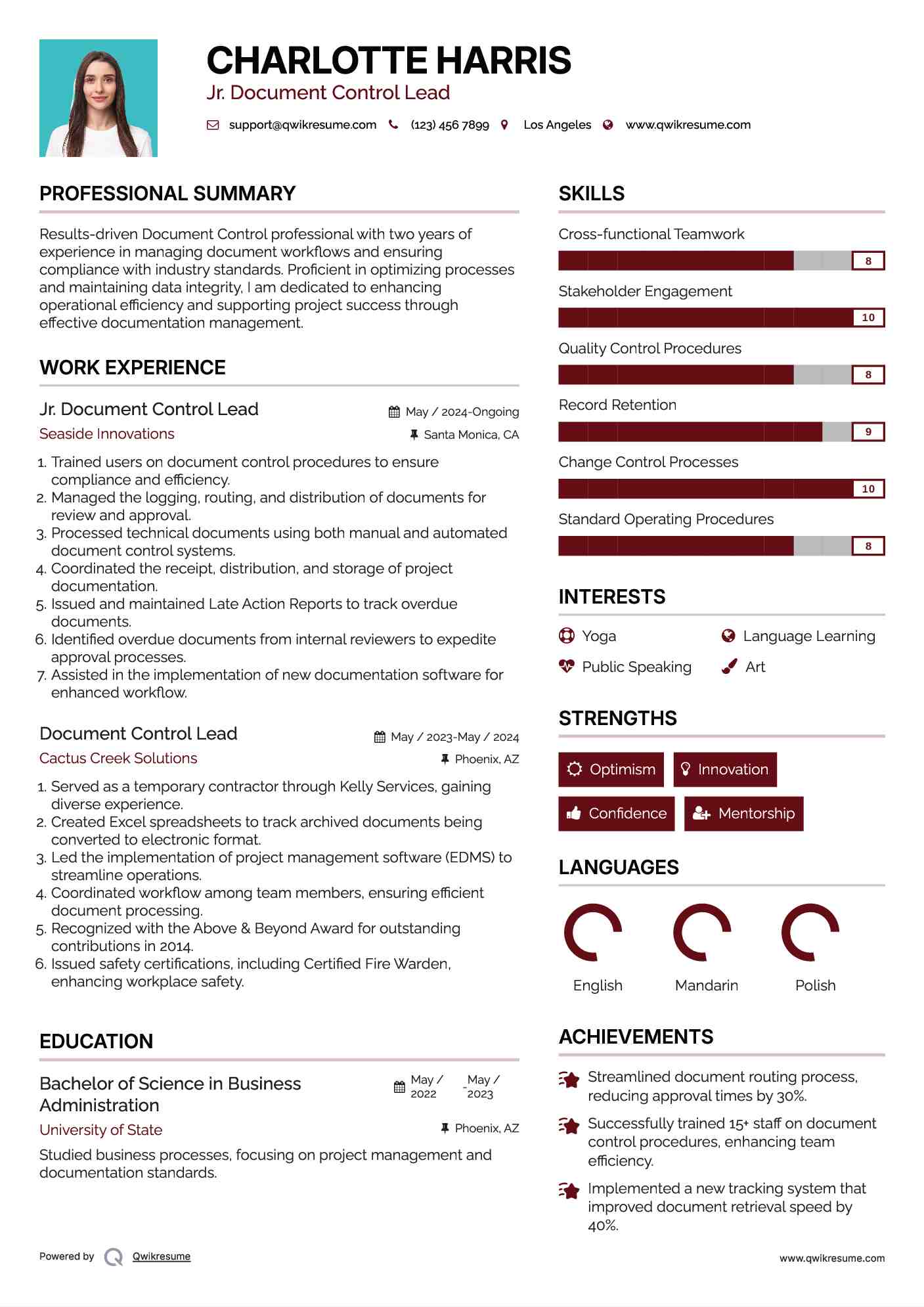 Jr. Document Control Lead Resume Template